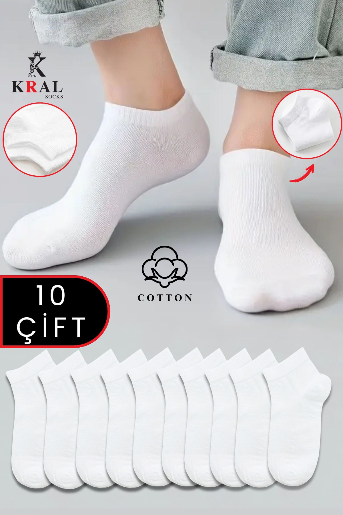 KRAL SOCKS Kadın - Erkek (10 ÇİFT ) Düz Desen Ekonomik Bilek Boy Patik Çorap