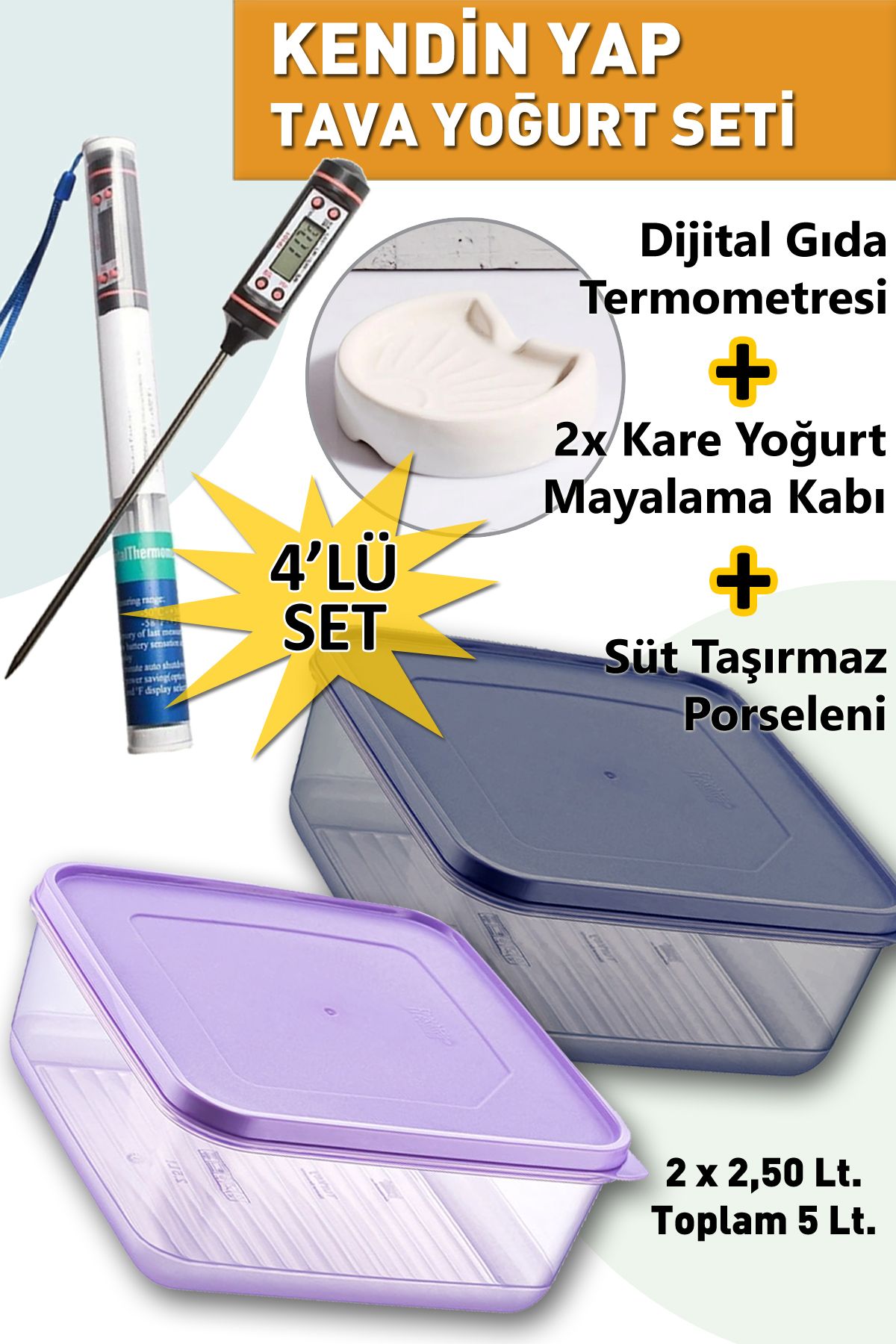 Deftion 4'lü Tava Yoğurt Ve Kefir Mayalama Seti Kendin Yapma Makinesi Gıda Termometresi Ve Kabı Süt Taşırmaz