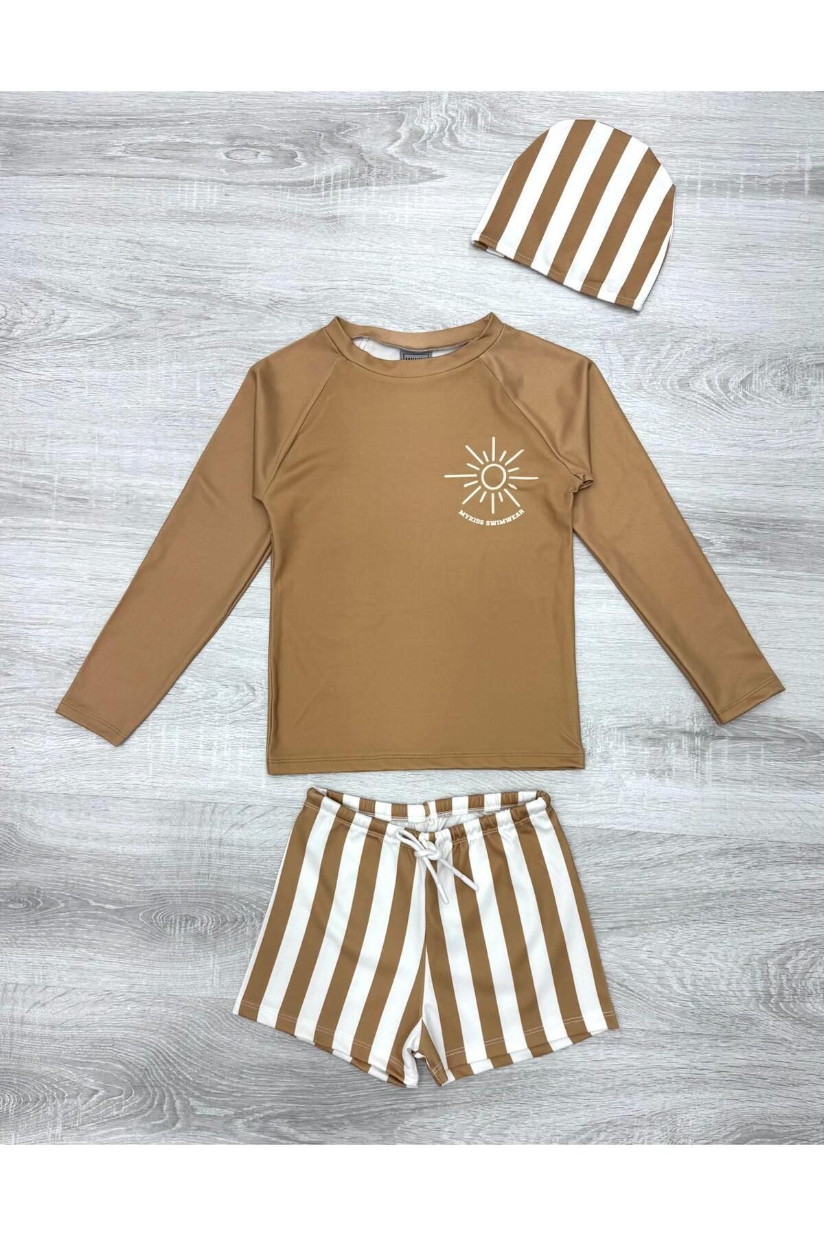 Lolliboomkids-Boys' Long Sleeve Sun Protection Boned Swimsuit Suit 3-Piece Diving Cloth Earth Color 3