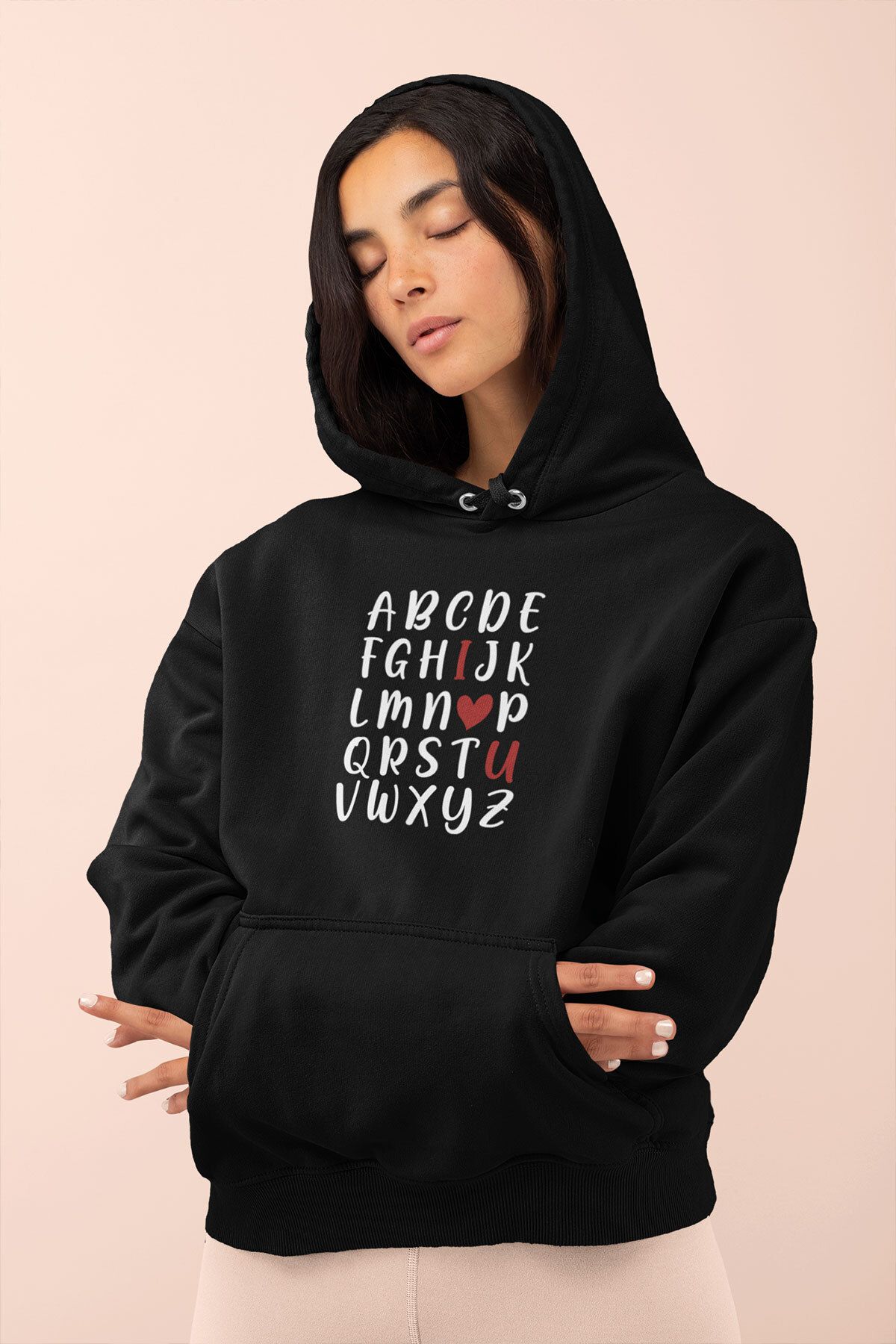 qoeuyl boutique Alfabe I Love You Baskılı Sevgiliye Hediye Sevgililer Günü Unisex %100 Pamuklu Sweatshirt Hoodie