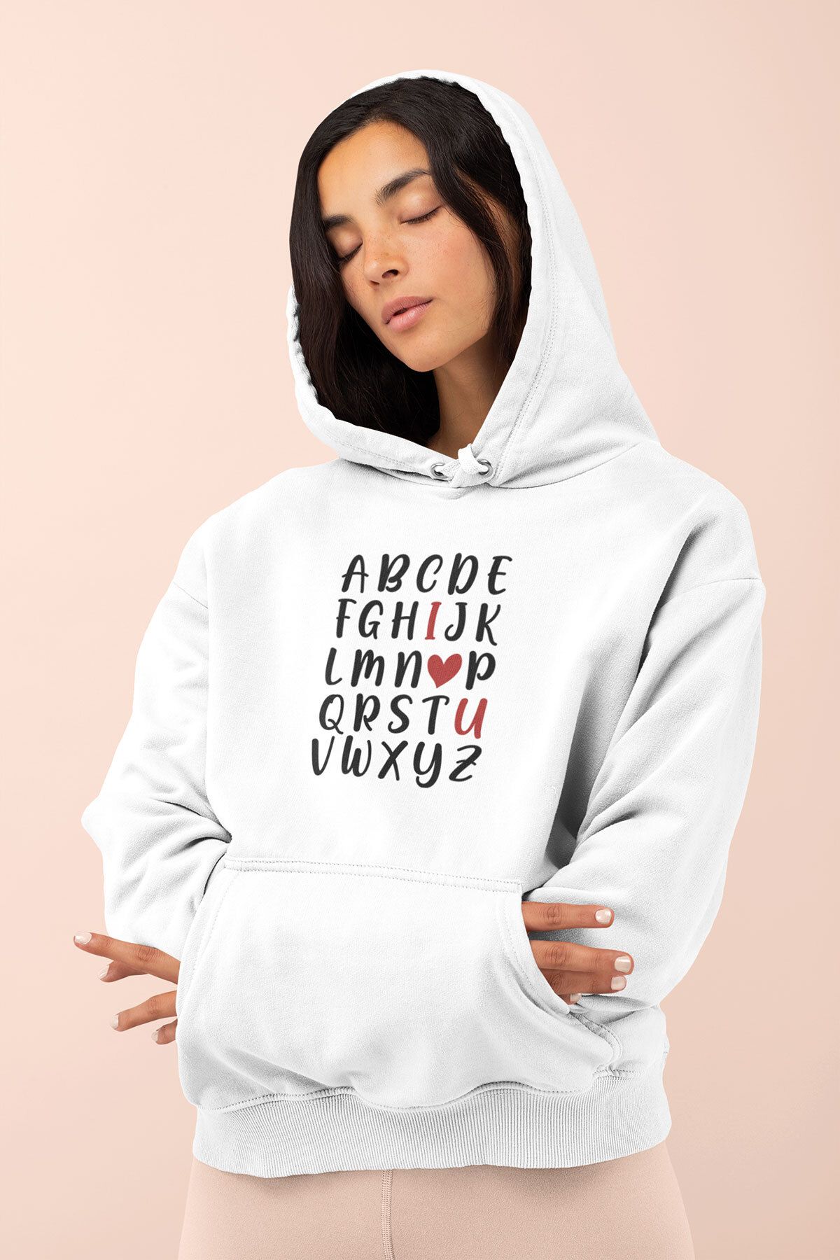 qoeuyl boutique Alfabe I Love You Baskılı Sevgiliye Hediye Sevgililer Günü Unisex %100 Pamuklu Sweatshirt Hoodie