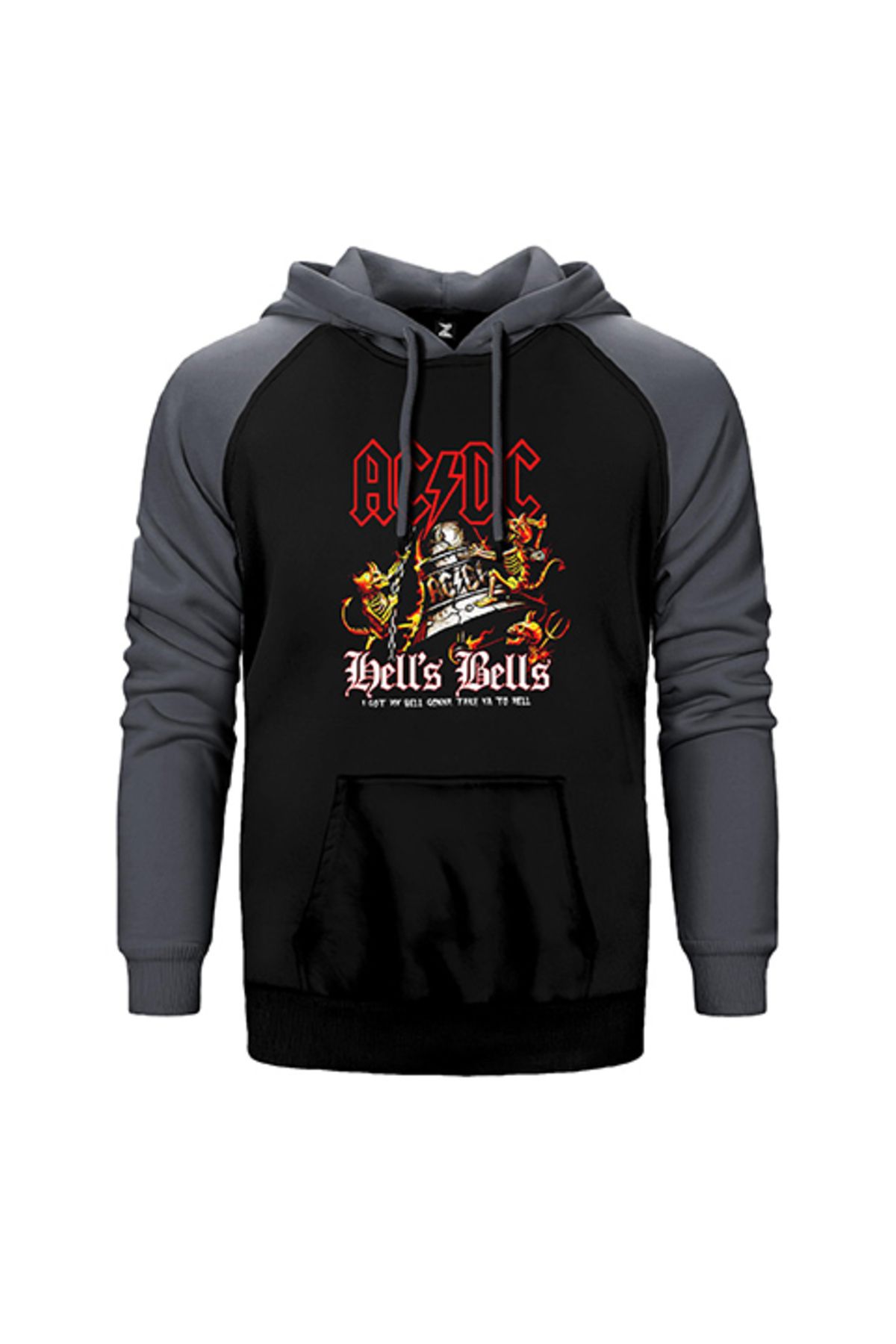 Z zepplin AC DC Hells Bells Gri Renk Reglan Kol Kapşonlu Sweatshirt