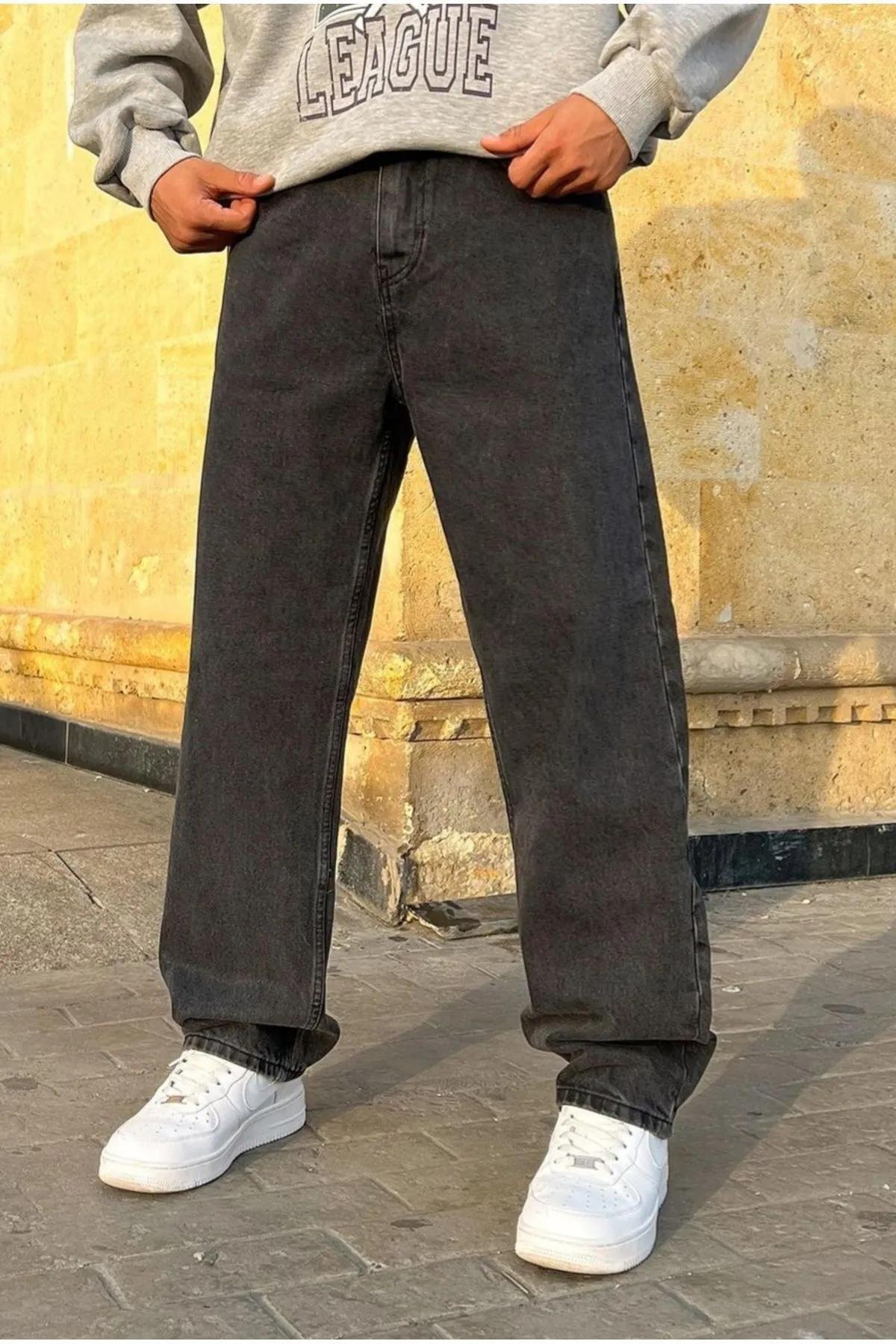 Sokak Modası Rahat Kesim Gri Baggy Jean – Oversize Asit Yıkamalı Pantolon