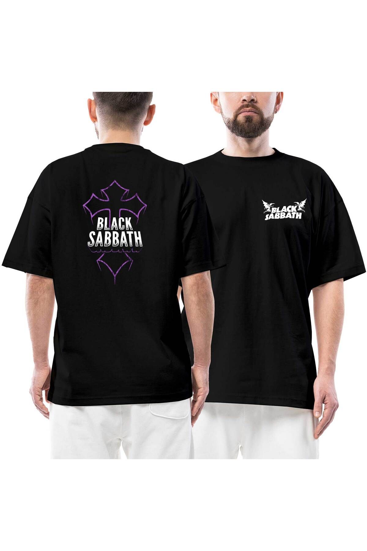 Z zepplin Black Sabbath Ön Arka Baskılı Siyah Oversize Tişört