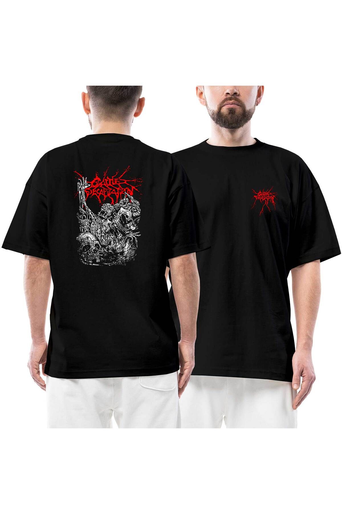 Z zepplin Cattle Decapitation Design Ön Arka Baskılı Siyah Oversize Tişört