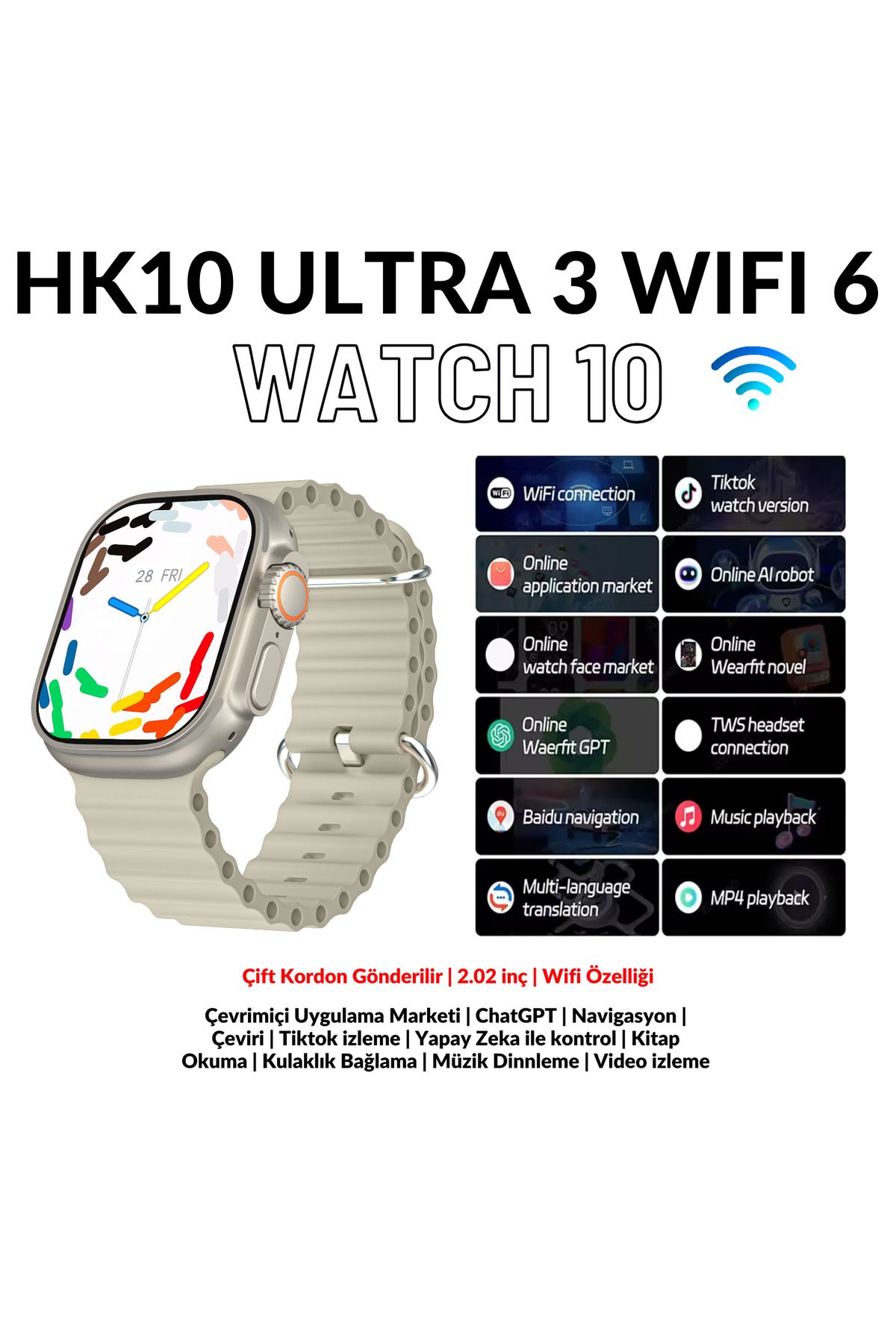 TEKNOTOPIA HK10 Ultra 3 Wifi Gen6 49mm Amoled Ekran Akıllı Saat Android Ios Uyumlu ChatGPT Bluetooth Arama