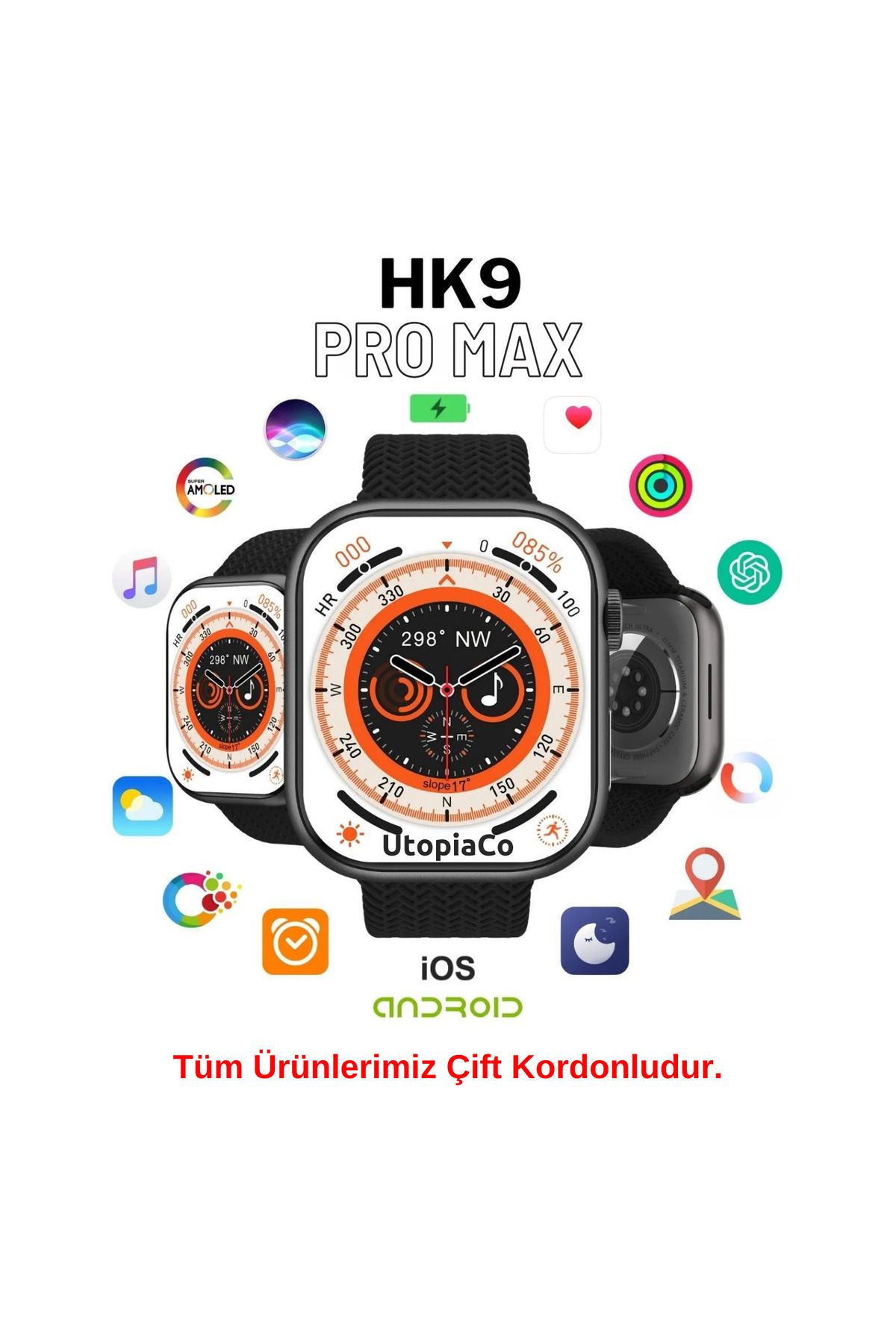 TEKNOTOPIA HK9 Pro Plus Pro Max Akıllı Saat Amoled Ekran 45mm Gen4 Bluetooth Sesli Arama Android Ios Uyumlu