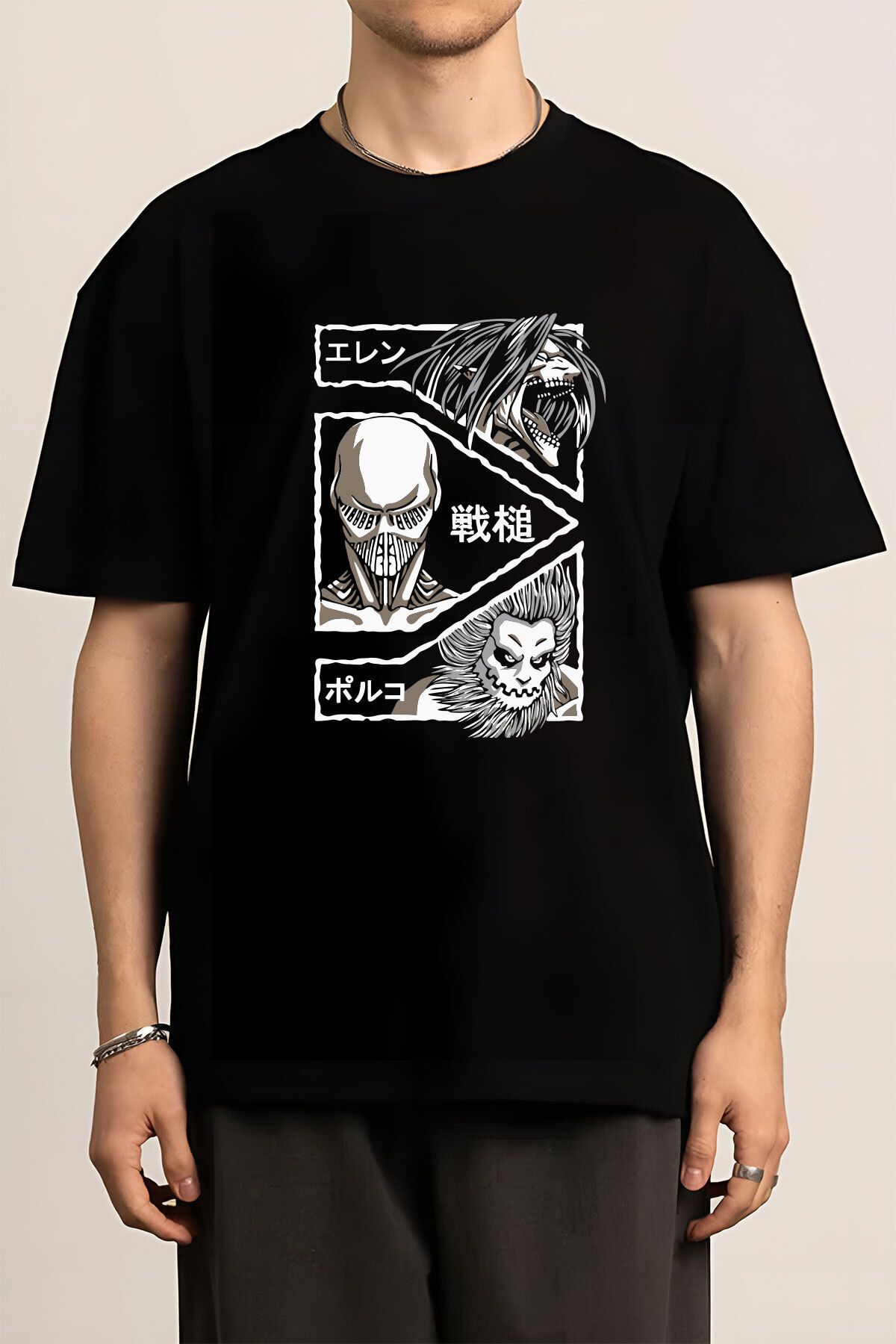 CU Collection Attack on Titan Anime Baskılı Siyah Unisex Kadın Erkek Pamuklu Tişört CT390