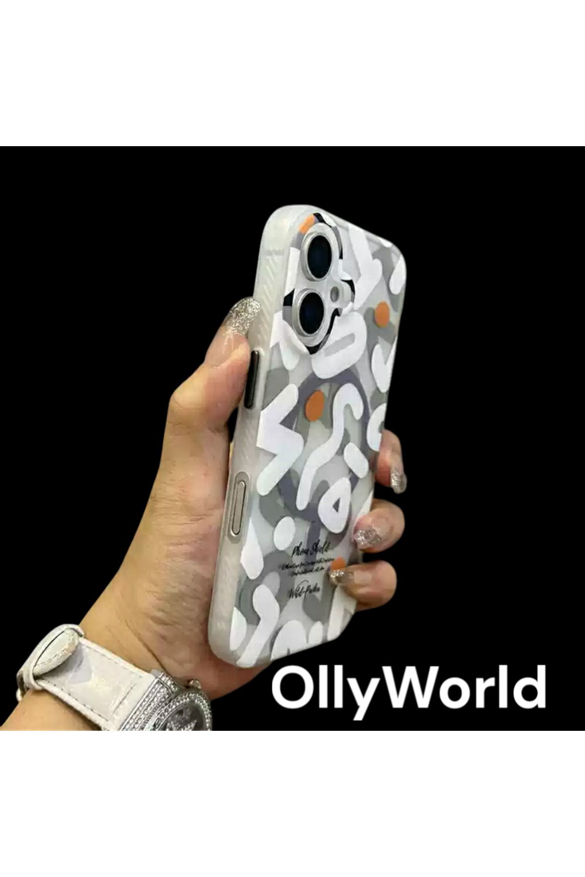 Ollyworld İphone 16 Uyumlu Geometrik Grafitti Hologramlı  Beyaz Kılıf