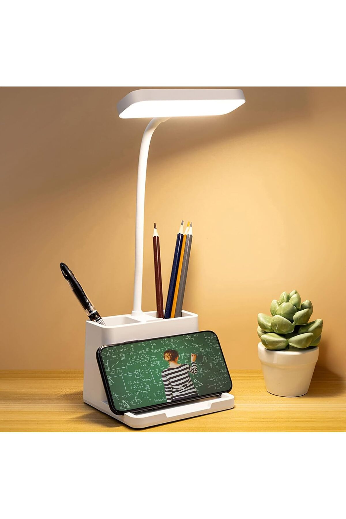 yenibagshop Şarjlı Masa Lambası Dokunmatik Sıcak Renk Ayarlı Telefon Standlı Dimmer Çalışma Okuma Işığı Q108-1