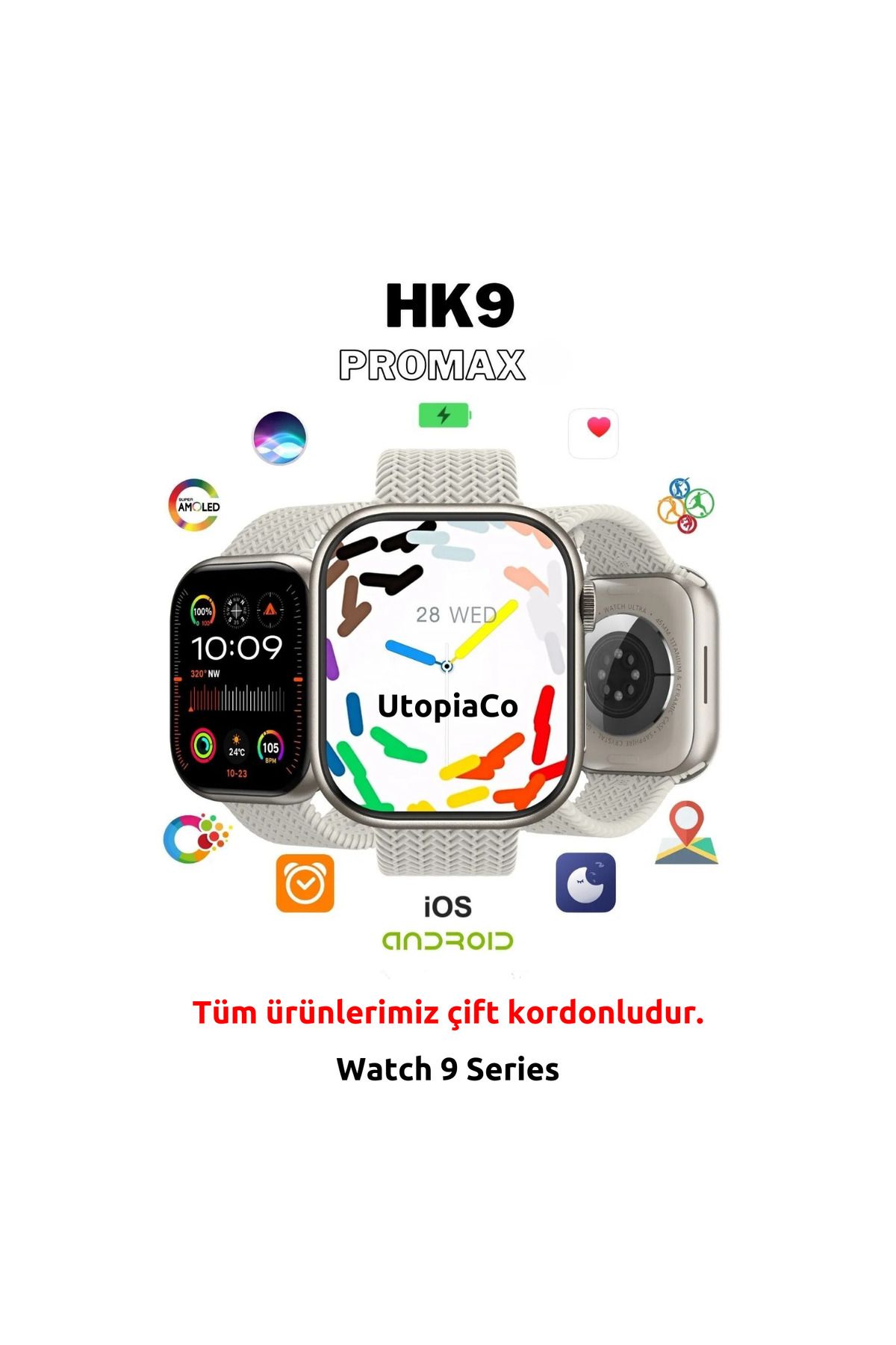 TEKNOTOPIA HK9 Pro Plus Pro Max Akıllı Saat Amoled Ekran 45mm Gen4 Bluetooth Sesli Arama Android Ios Uyumlu