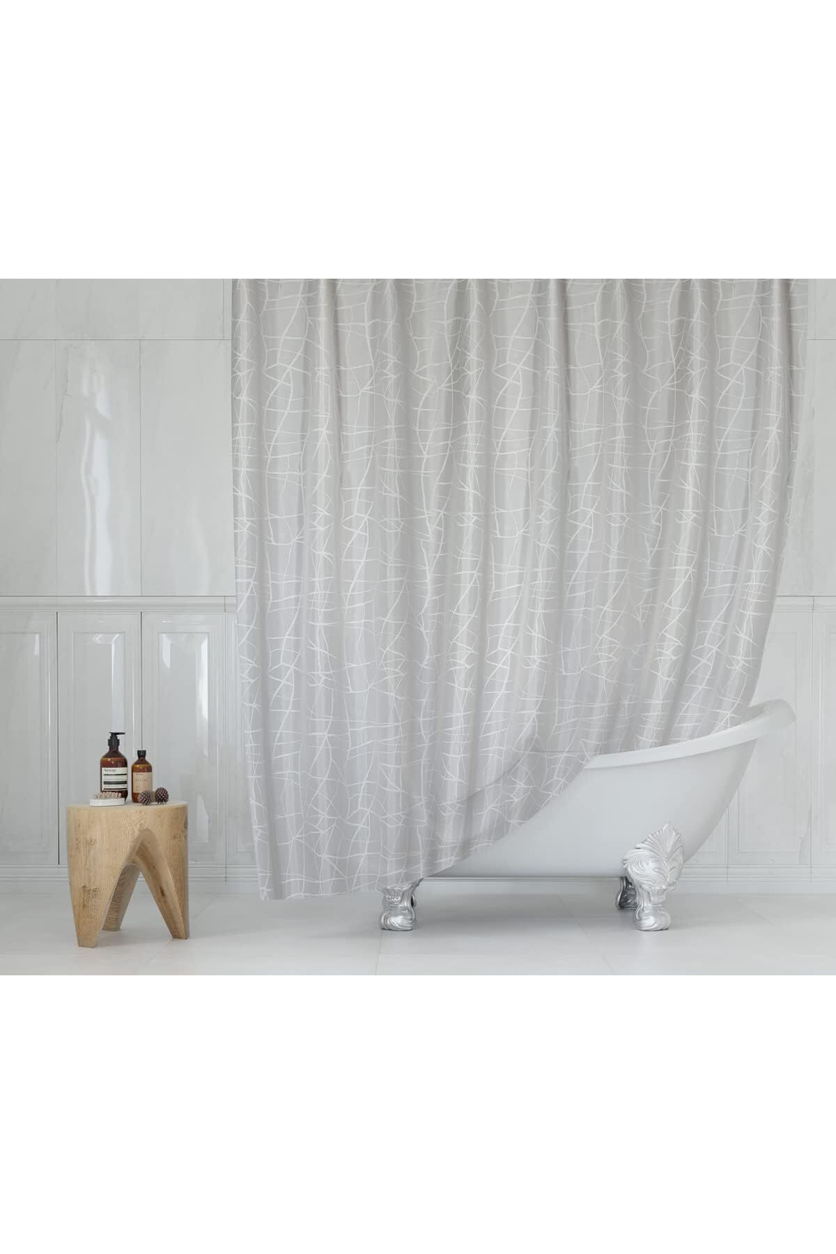 STOREMAX mrttnca Mermer Desen Banyo Perdesi - Beyaz Çizgili Duş Perdesi, 180x200 cm Tek Kanat Banyo Duş Pe