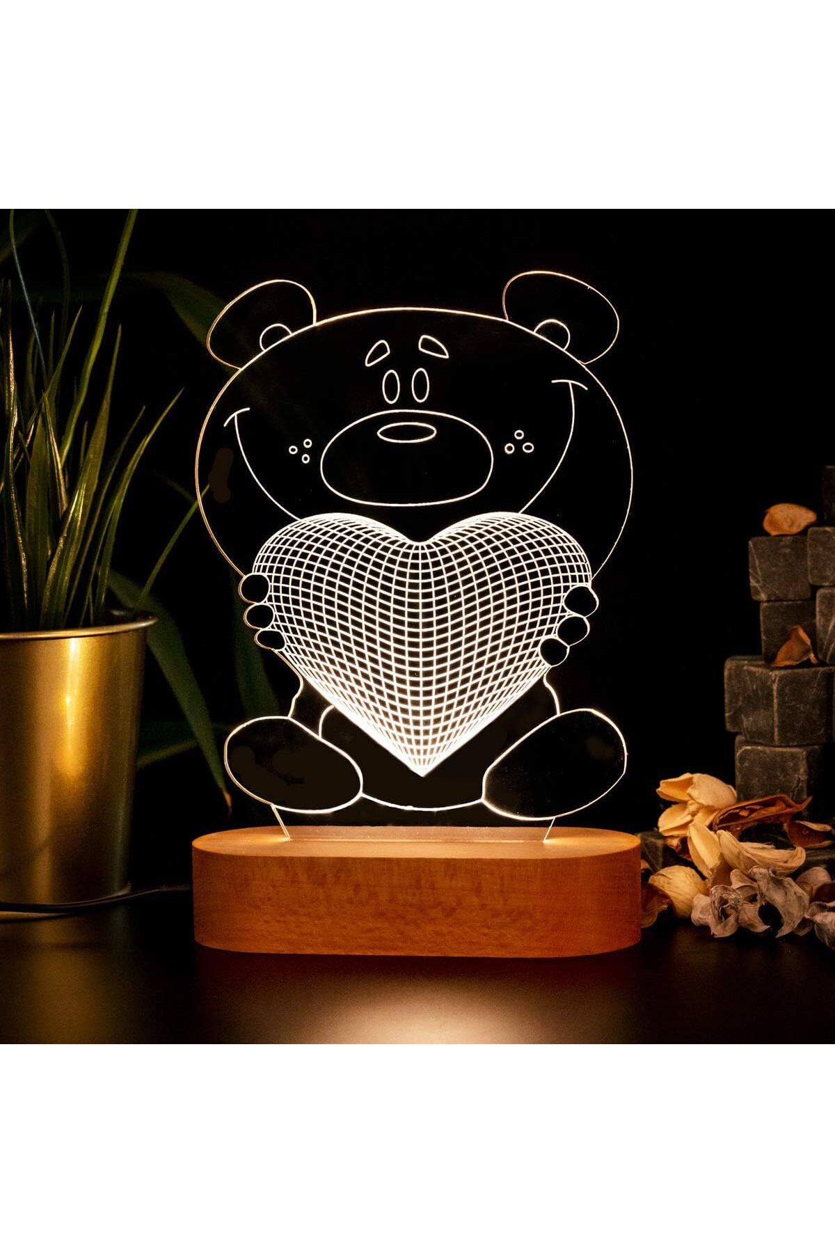yenibagshop Tutan Ayıcık 3 Boyutlu LED Masa Lambası - USB Bağlantılı Sarı Işık