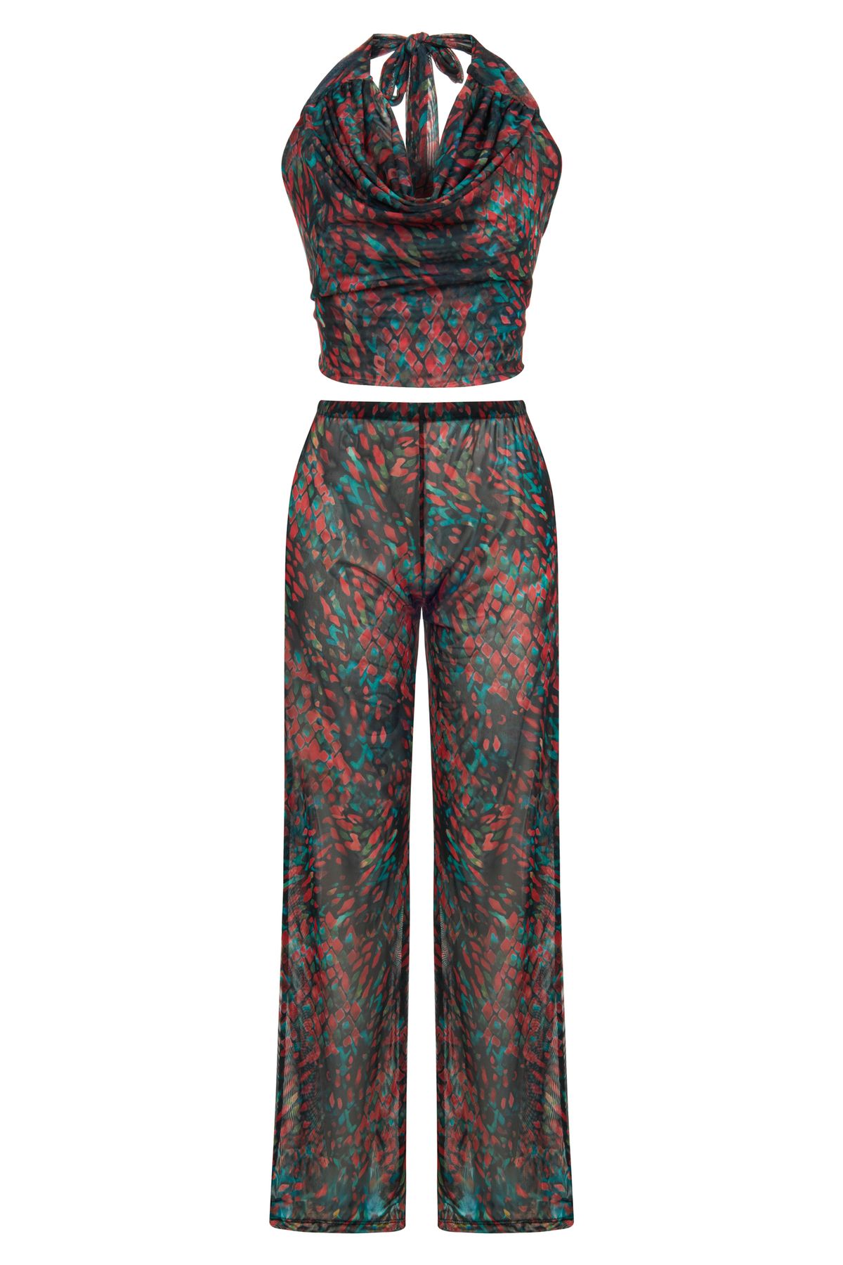 AQUELLA Desenli Kırmızı Crop Top-Pantolon Takım