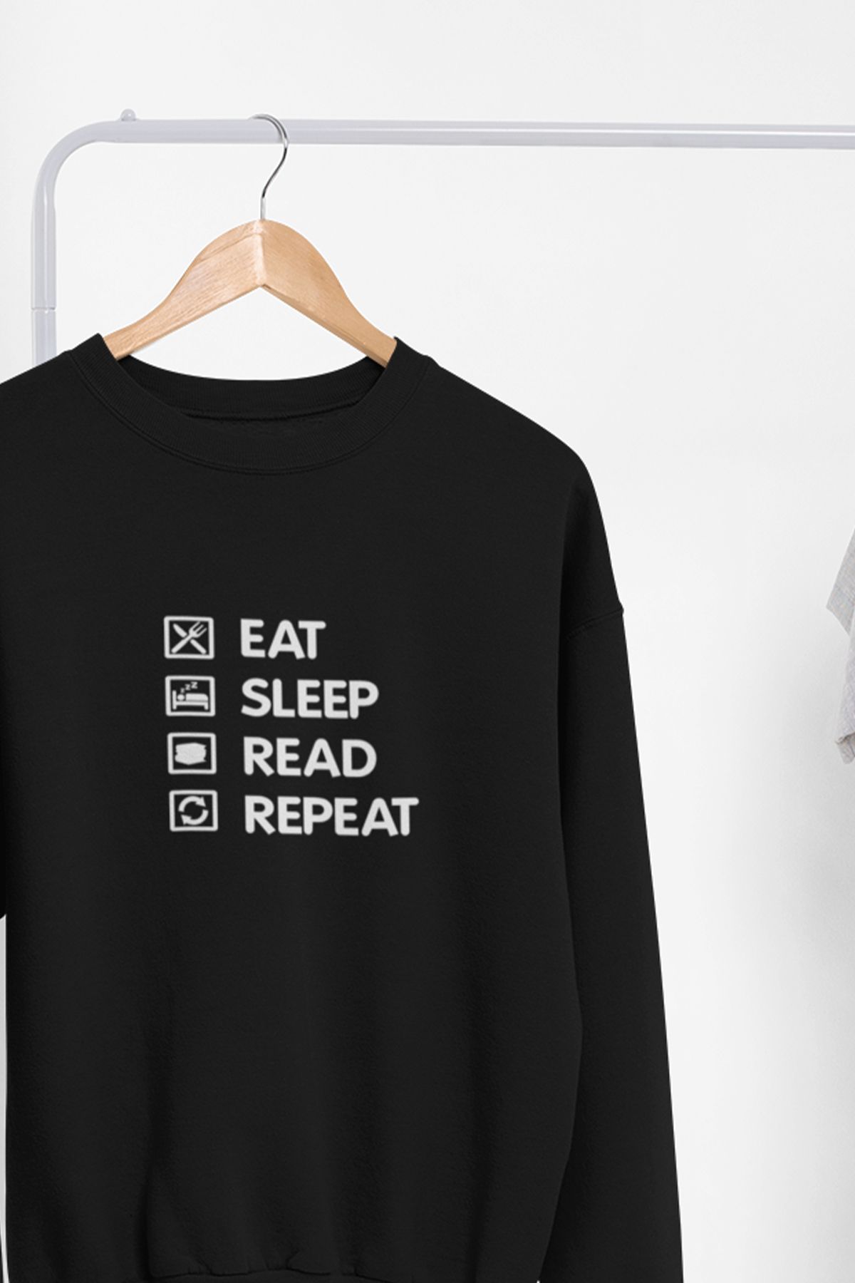 qoeuyl boutique Eat Sleep Read Repeat Baskılı Eğlenceli Unisex Bisiklet Yaka Sweatshirt