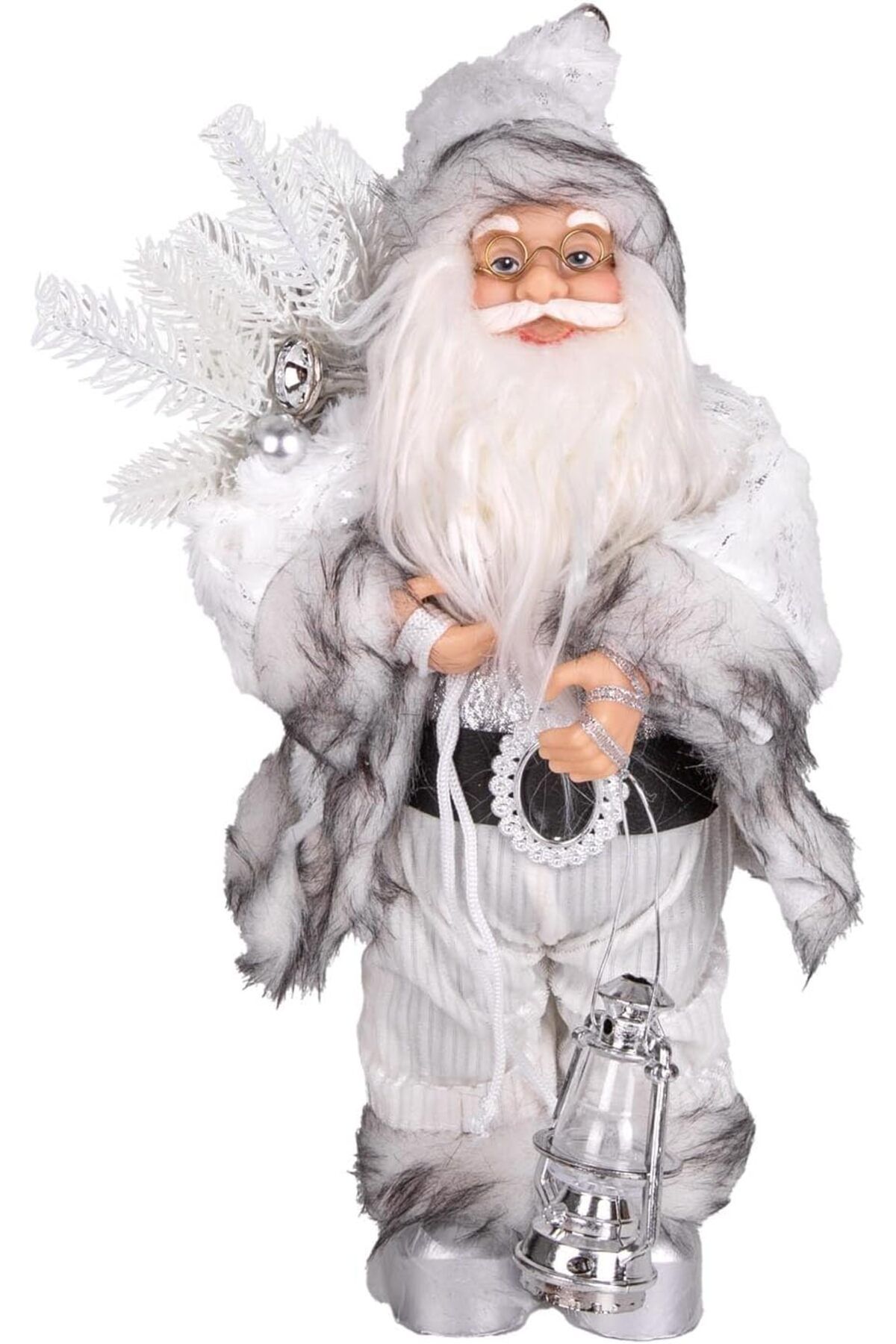 STOREMAX lbstorex Yılbaşı Noel Baba Beyaz Hediye Çuvallı Fenerli Gümüş-Gri 30 Cm. Newdsng 1116818