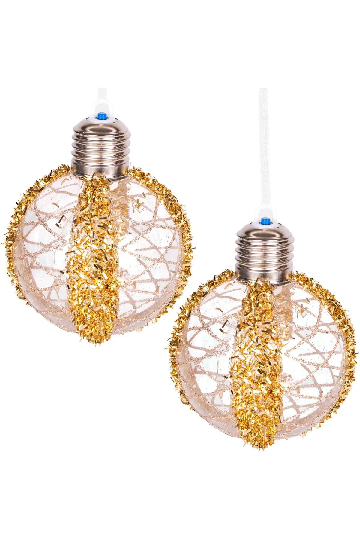 STOREMAX htpshopmx Yılbaşı Topu Ampul Led Işıklı Simli Desenli 2'li Paket Gold 7 Cm. str http 1092444