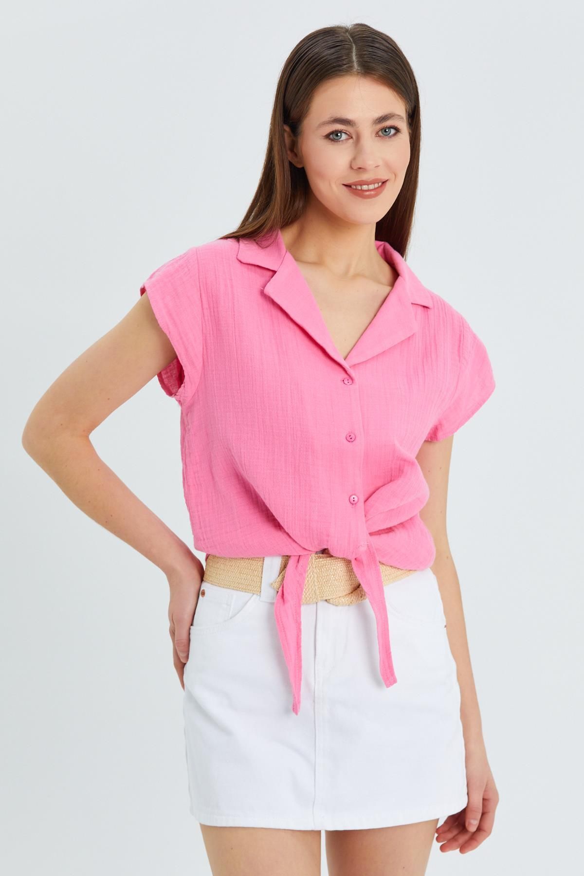 Mixray-Cămașă Crop de muselină roz model 4555 - Femei, cu cravată în față 3