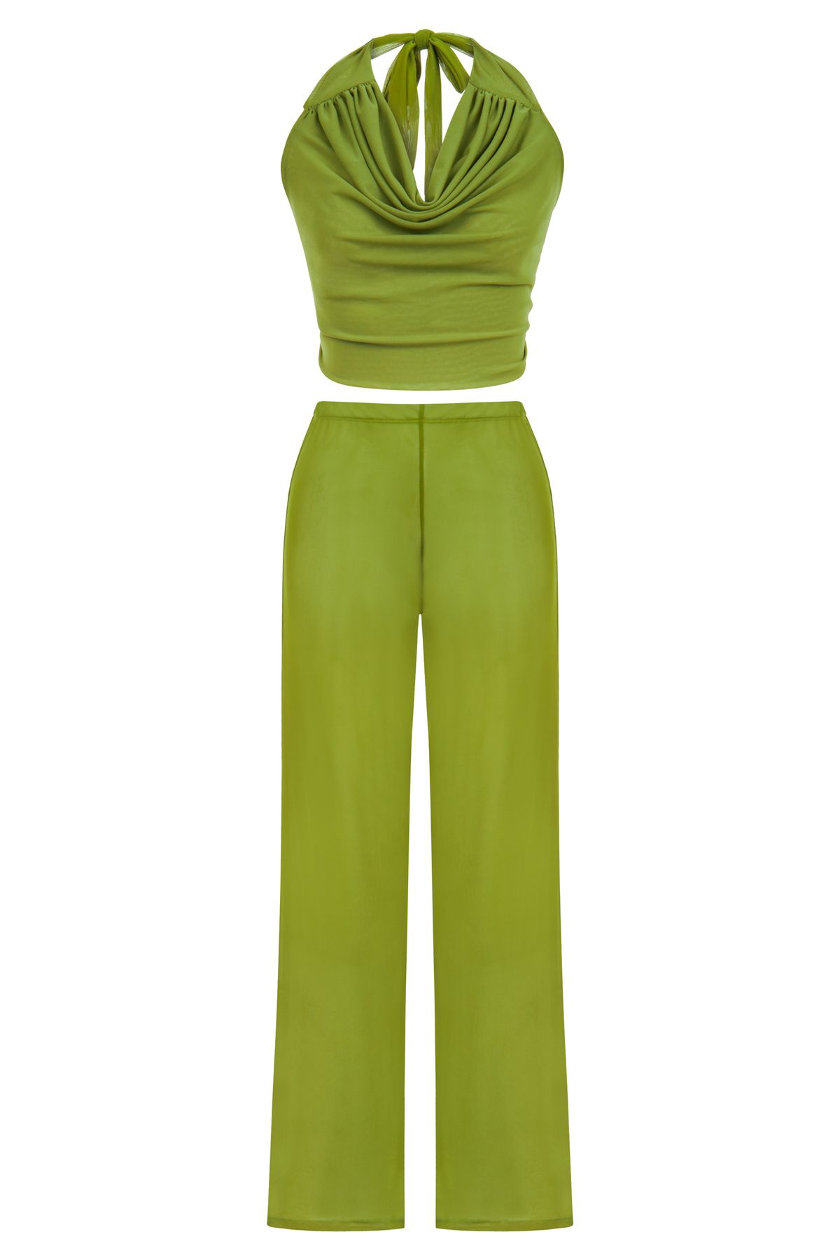 AQUELLA Tül Yağ Yeşili Crop Top-Pantolon Takım