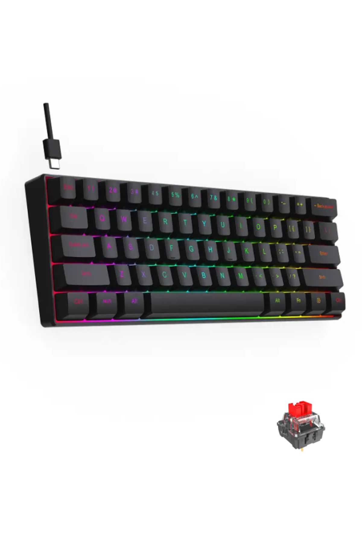 Okalisto Red Switch Mini Rgb Oyun Klavyesi Gaming Mekanik 61 Tuşlu 18 Rgb Led Usb Type-c Kablosu Siyah Yeni