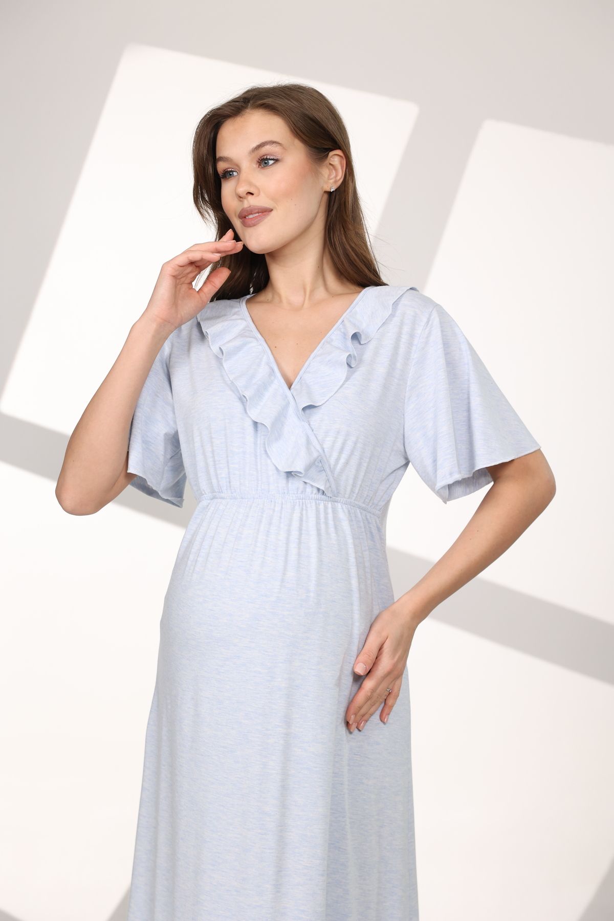 BEYVİP-Pregnant Maternity Nightgown Set with Blue Melange Soft Texture Double Breasted Dressing Gowns 5