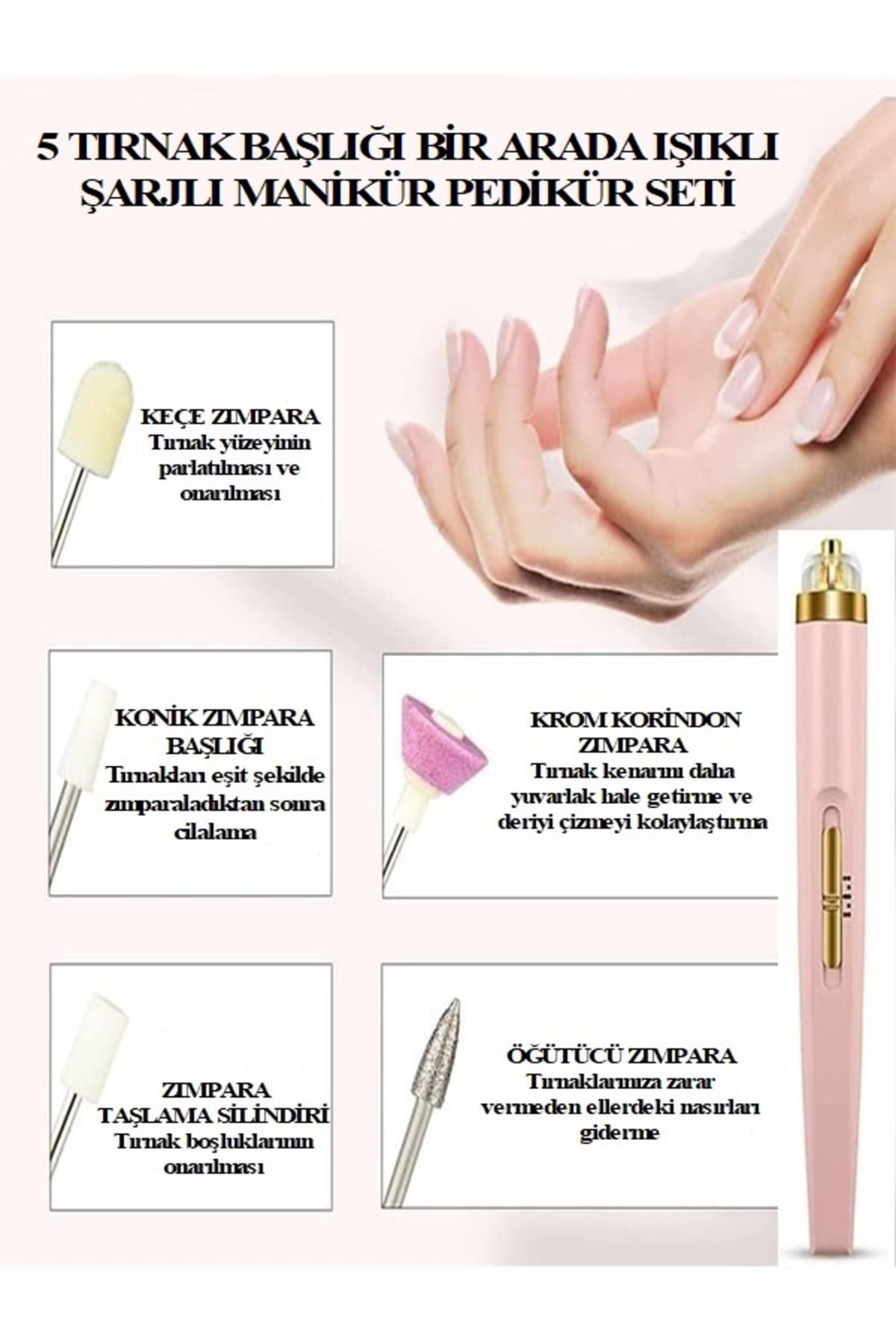 Arzu Güzel Cosmetics 5 in 1 USB Şarjlı Işıklı Tırnak Törpüsü Ayarlanabilir Hız Kolay Kullanım Manikür Pedikür Seti