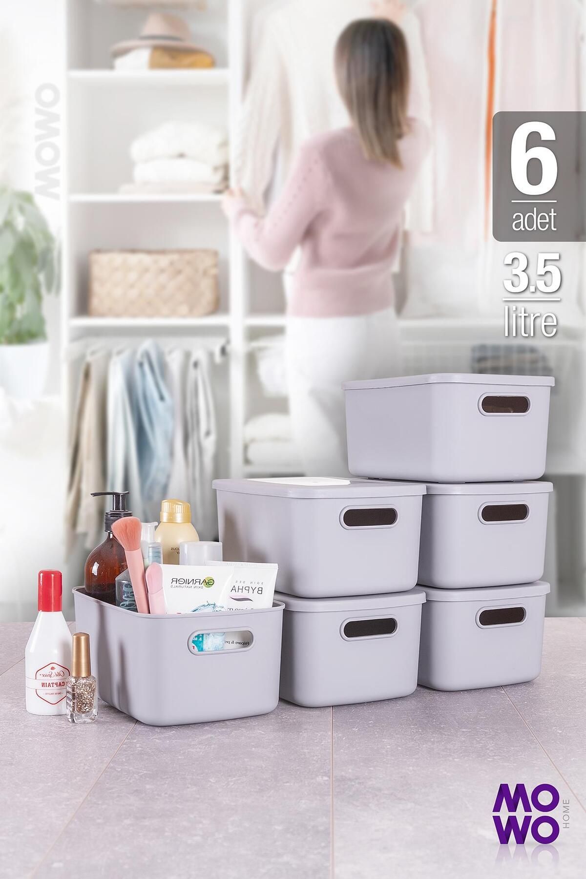 Mowo Home Retro Box 6’lı Gri 3,5 Lt Çok Amaçlı Düzenleyici Kapaklı Saklama Kutu, Organizer, Storage