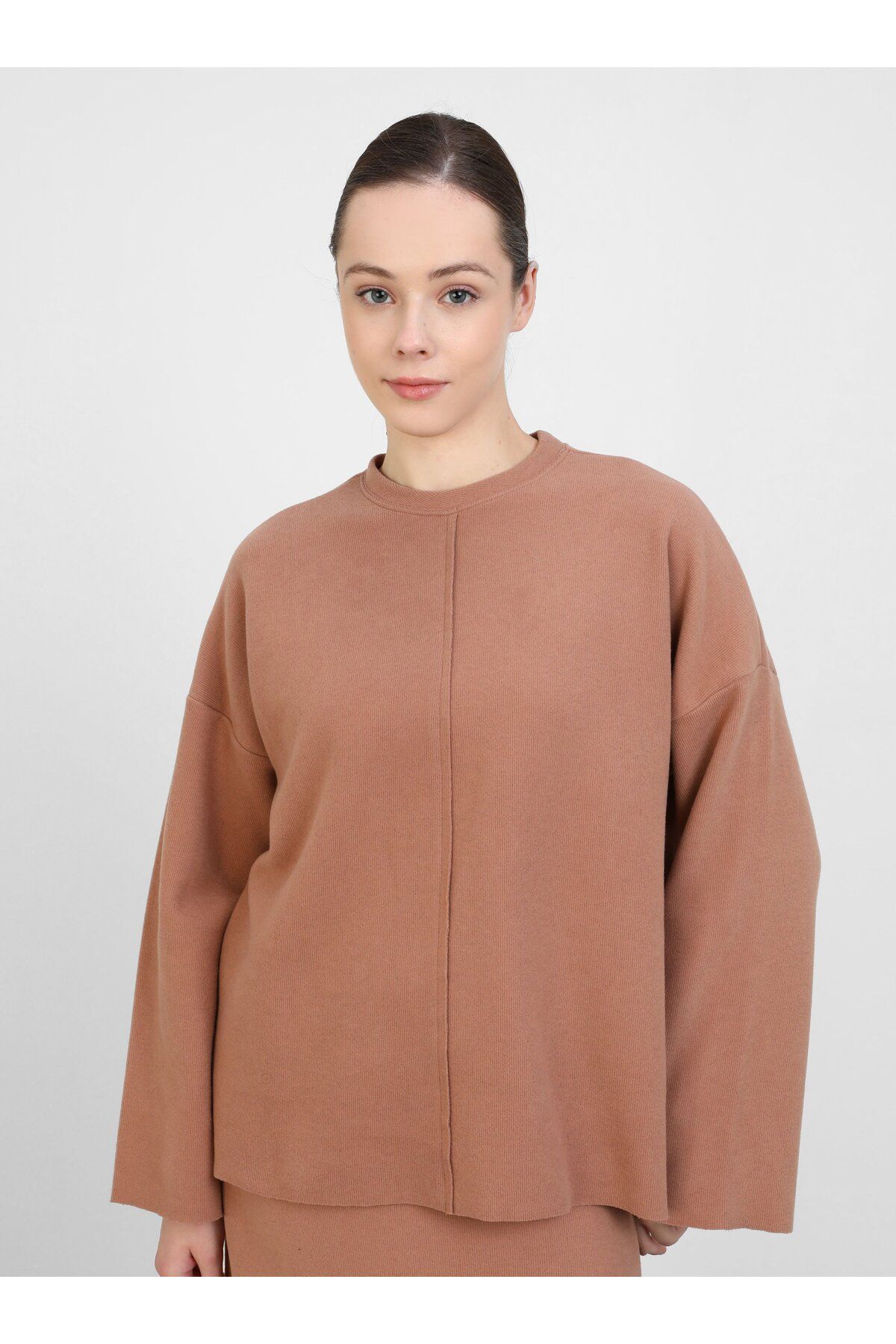 Benin Yumuşak Dokulu Oversize Selanik Sweatshirt - Sütlü Kahve - Benin