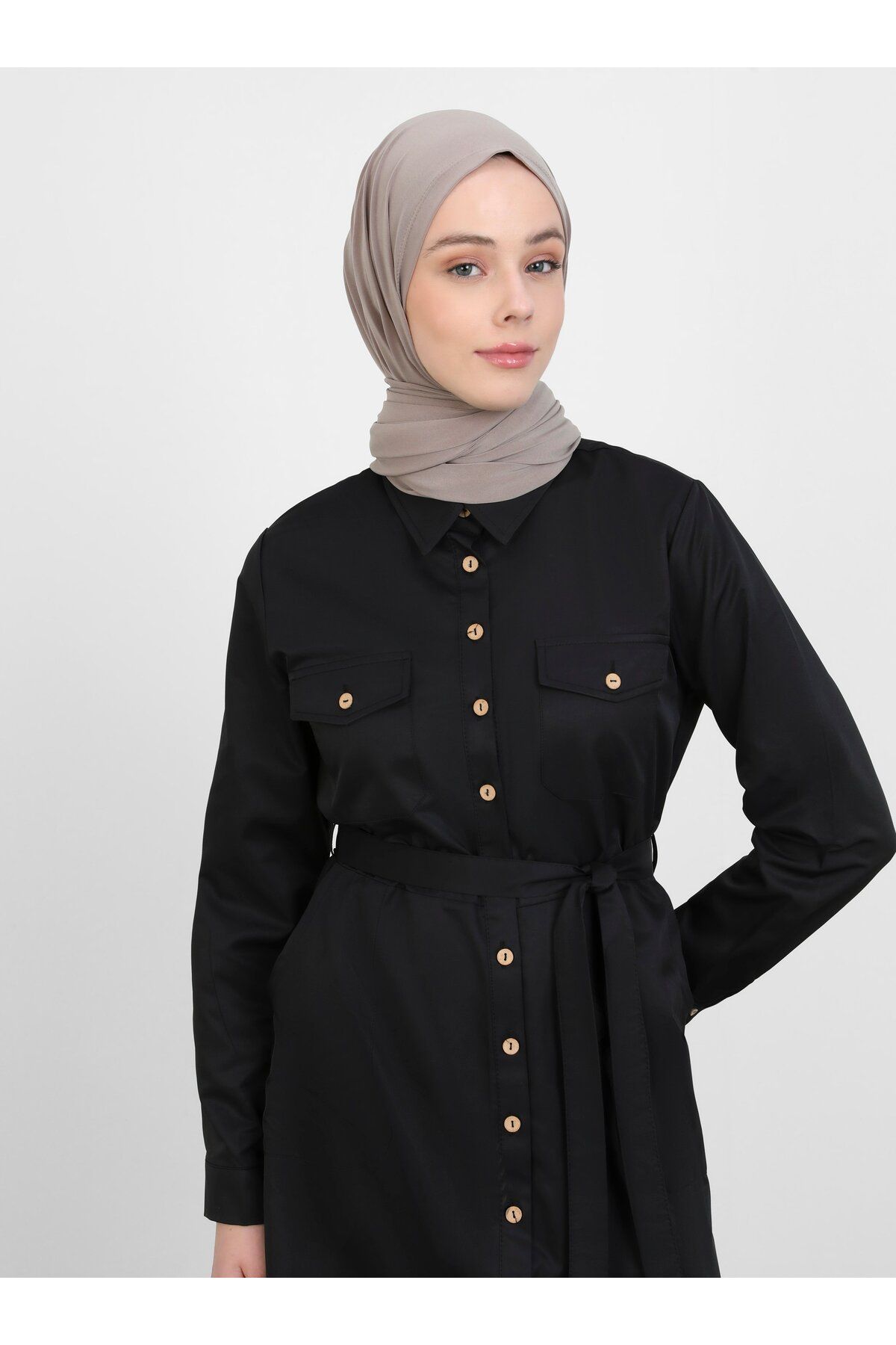 Refka-Poplin Pocket and Belt Detailed Hijab Dress - Black - Refka 2