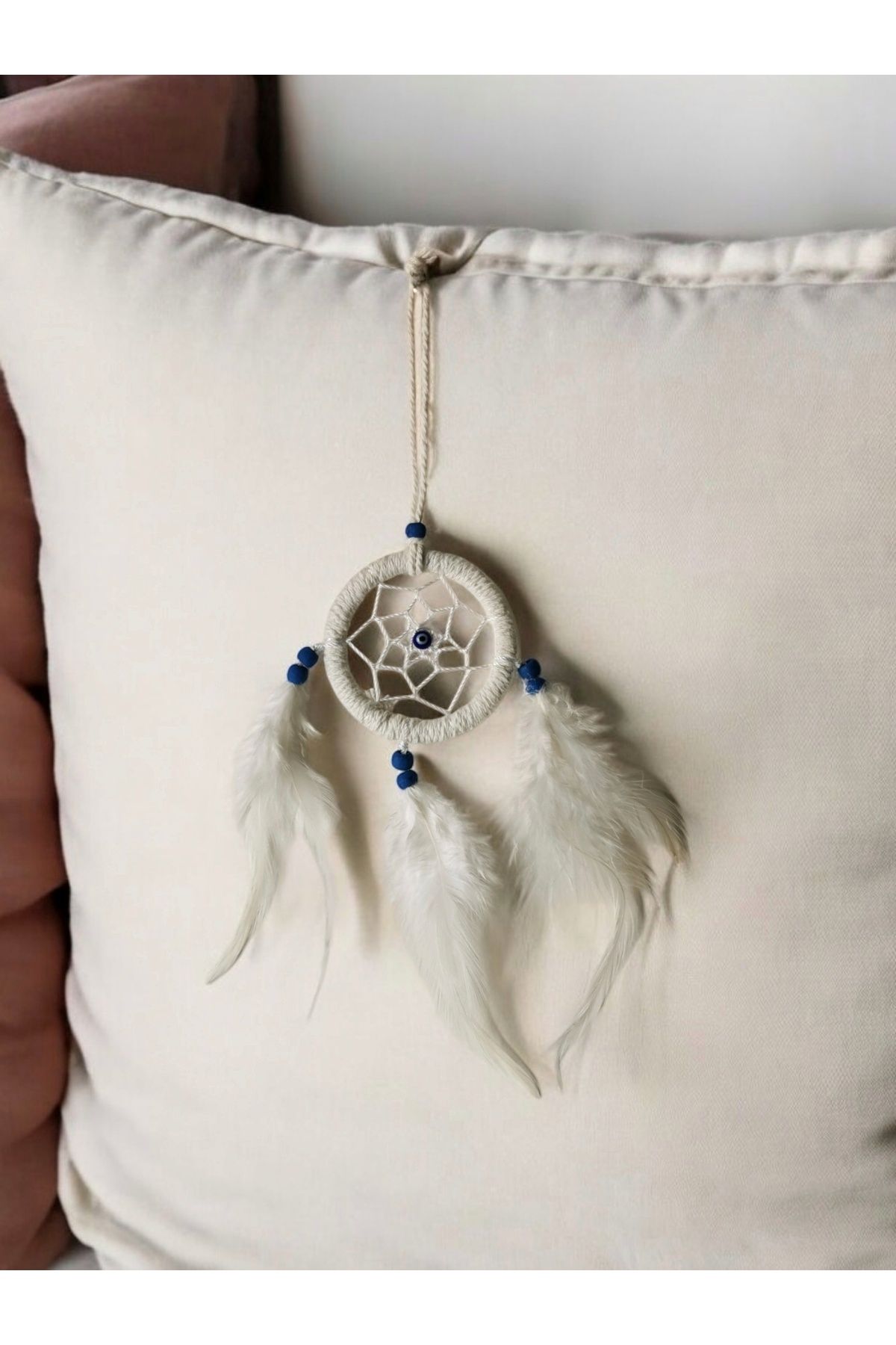 Halley Concept El Yapımı Örme Desen Kuş Tüyü Süslemeli Mini Düş Kapanı Dreamcatcher 6x25 cm