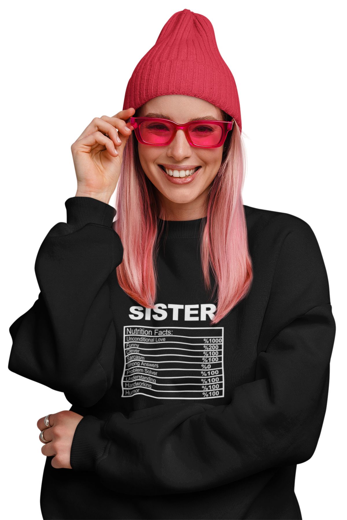 qoeuyl boutique Sister Nutrition Facts Baskılı Kız Kardeş Abla Hediyelik Eğlenceli Unisex Bisiklet Yaka Sweatshirt