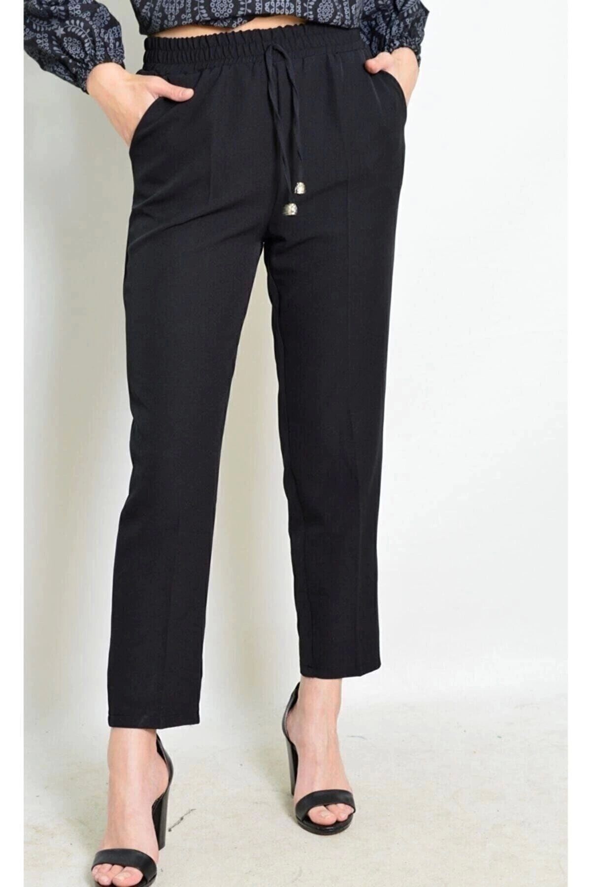 PALAZZO-Women's Black Carrot Cut Elastic Waist Trousers 2