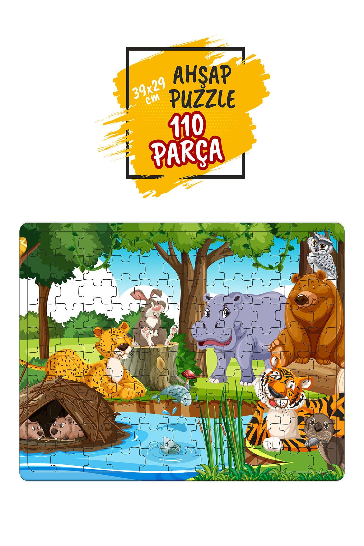 Leelii Tasarım Sevimli Hayvanlar Göl, Ayı, Kaplan, Su Samuru Ahşap Puzzle Yapboz 110 Parça