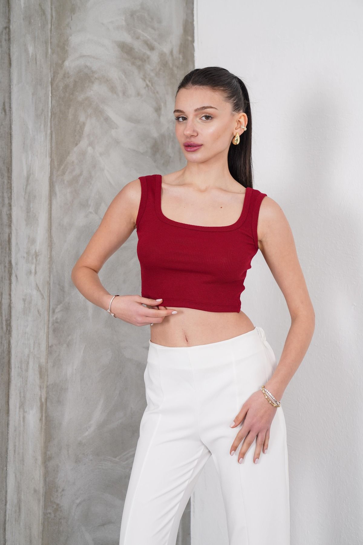 SUMMER Kadın Kaşkorse Fitilli Geniş Askılı Kare Yaka Basic Esnek Bordo Crop Atlet Top Bluz