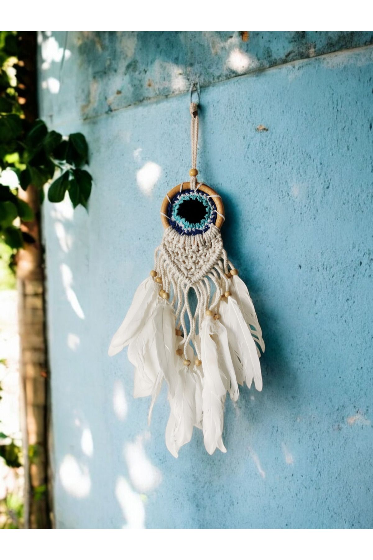 Halley Concept El Yapımı Nazarlık Örgülü ve Kuş Tüyü Süslemeli Mini Düş Kapanı Dreamcatcher 7x30 cm