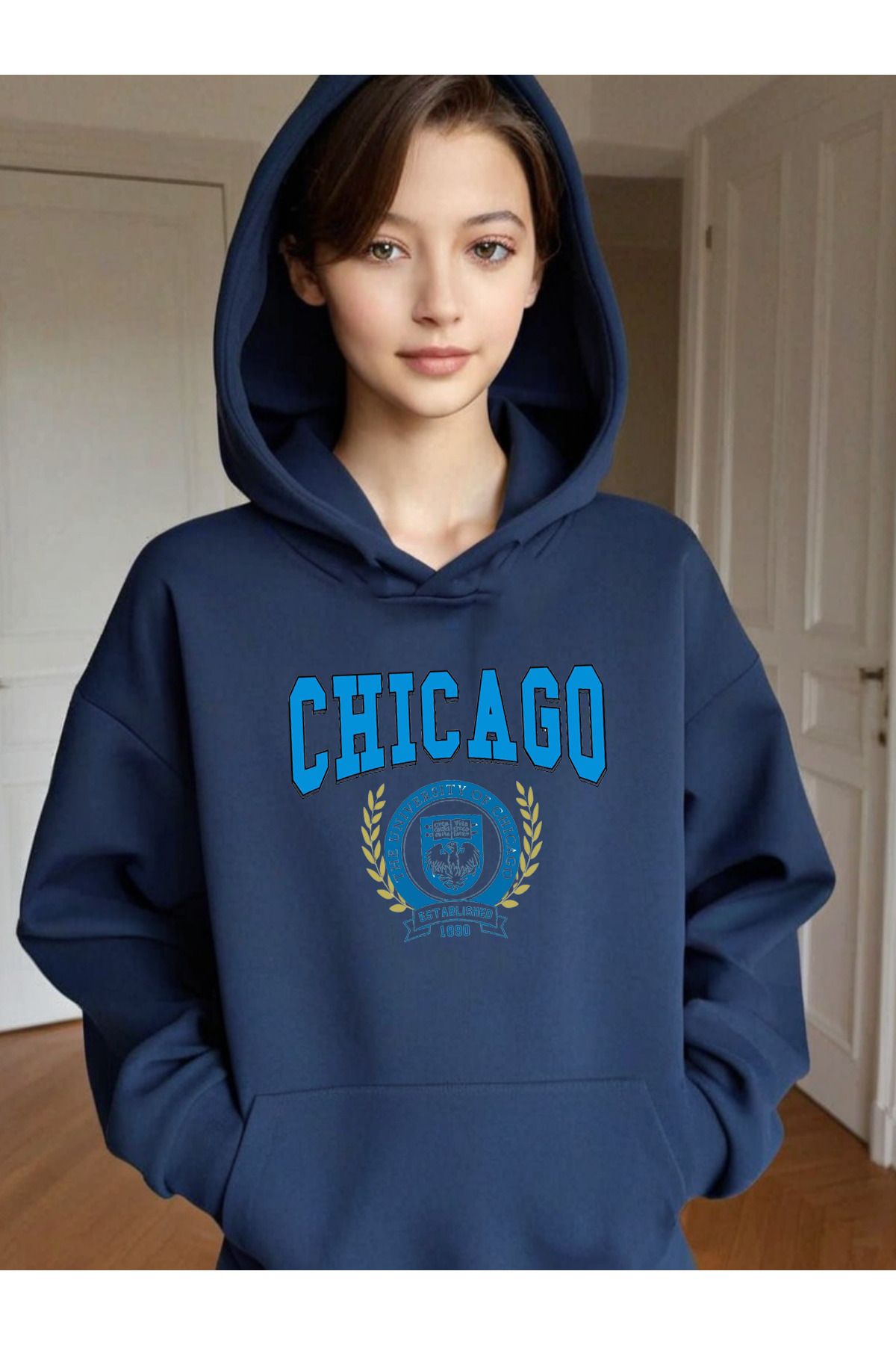 DEEPSENCE Kadın Lacivert Kapüşonlu Oversize Swetashirt CHICAGO BASKILI