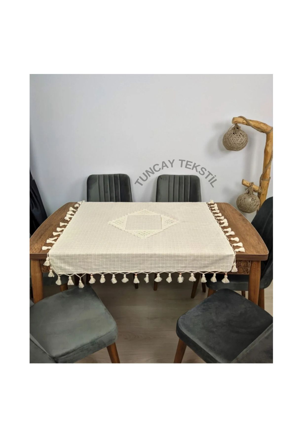 TUNCAY TEKSTİL-Hand Lace Hand Tied Fringed Tasseled Fiskos Square Cover Cloth Finding Linen Small Tablecloth 3