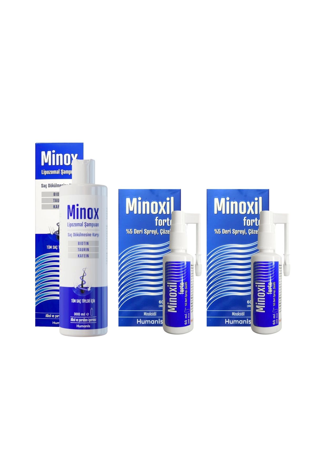Humanis Minox Şampuan 300 ml ve 2 kutu 60 ml Minox Saç Spreyi Hediye
