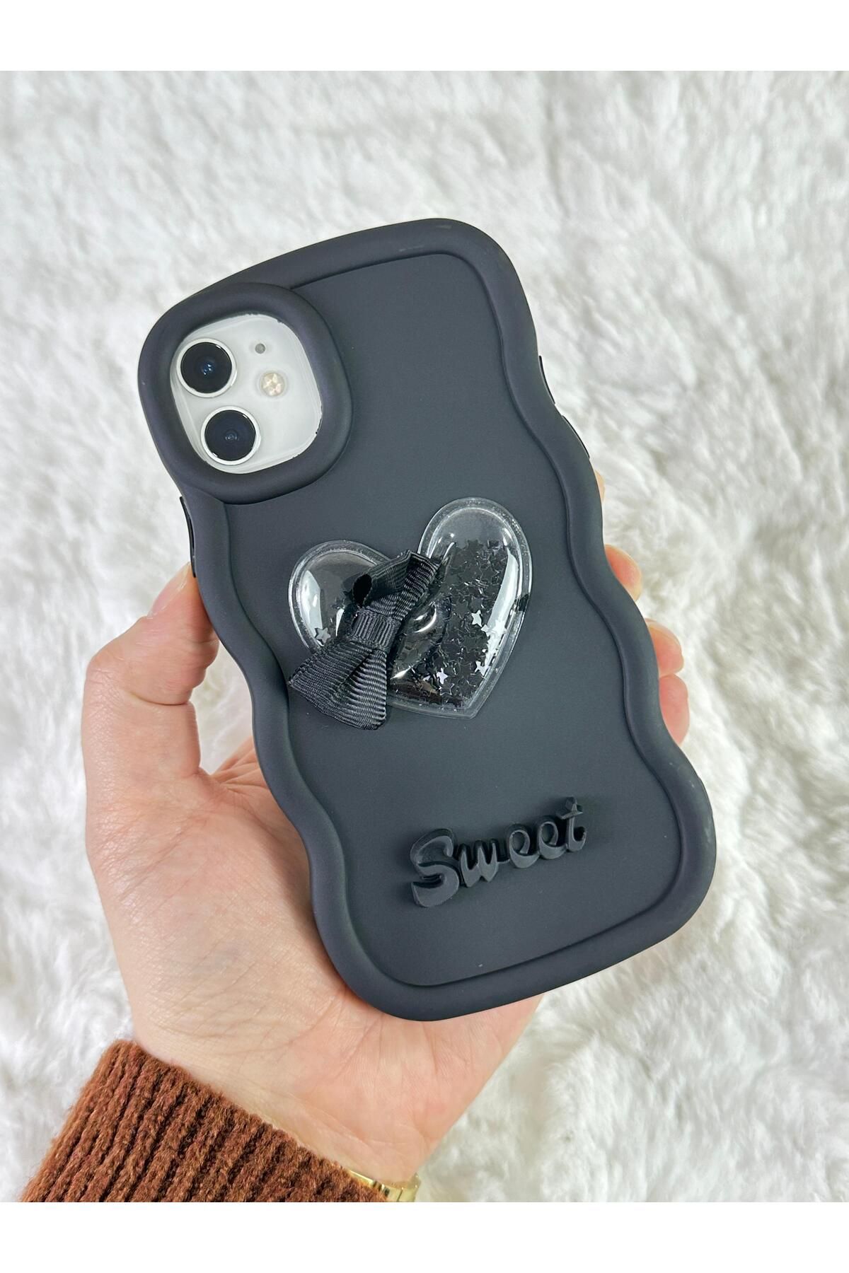 Vip Case iPhone 11 - Renkli Kalp Kurdele Detaylı Simli Dalgalı Sweety Kılıf