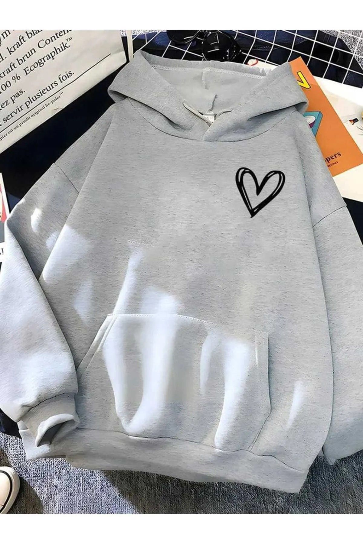 EFFRENATU Kışlık Sweatshirt kalp Baskılı Oversize Kalın Kapüşonlu Hoodie 3 iplik