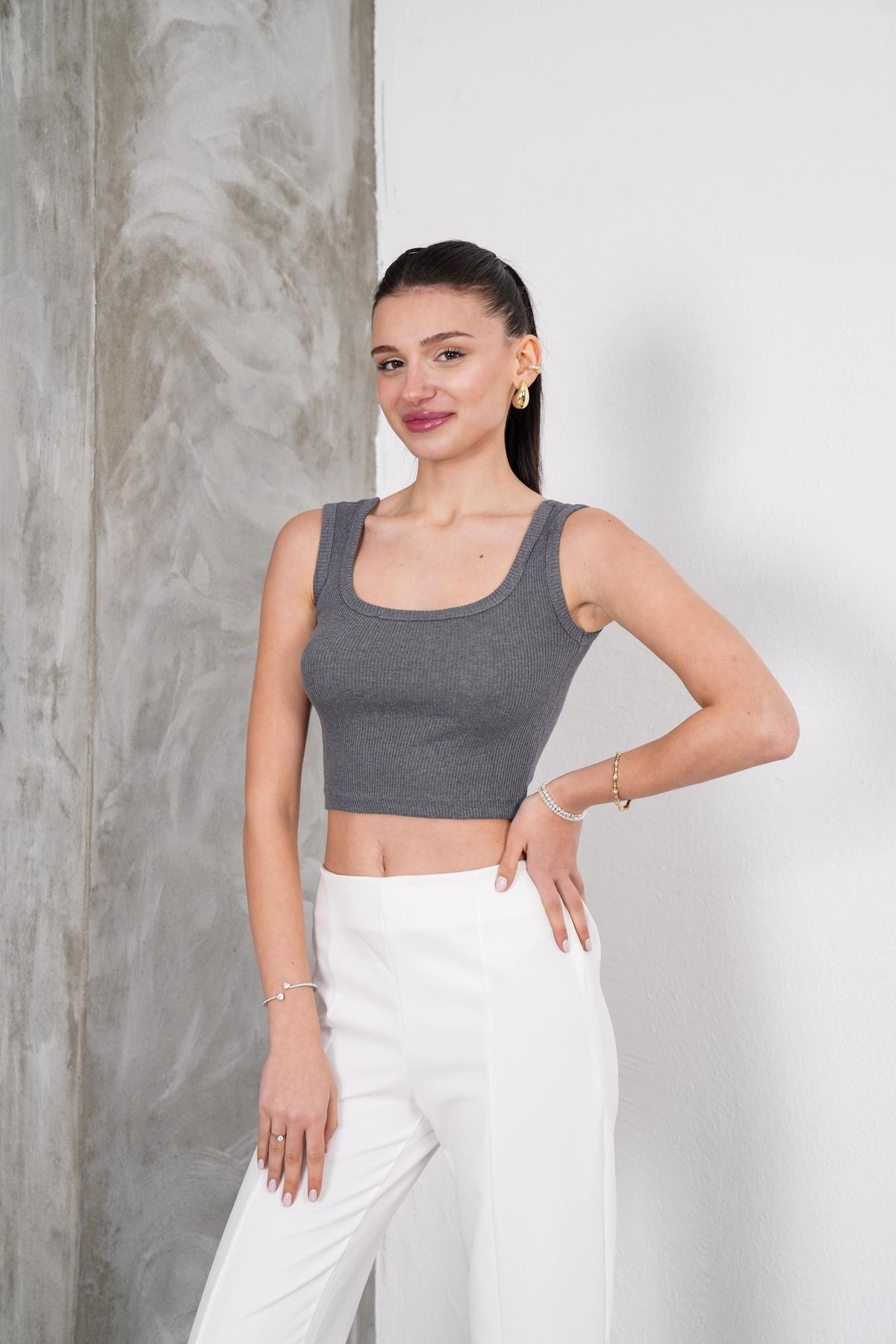 SUMMER Kadın Kaşkorse Fitilli Geniş Askılı Kare Yaka Basic Esnek Füme Crop Atlet Top Bluz