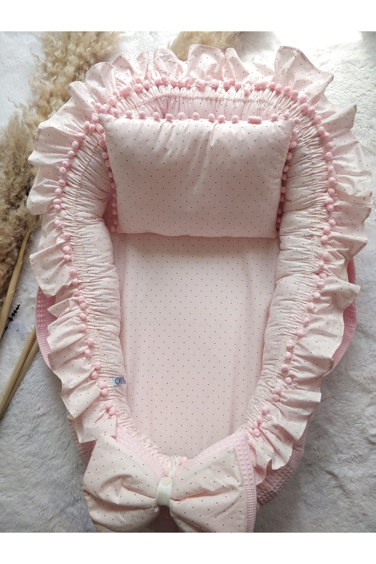 MAMARADUGA % 100 Pamuklu Waffle Pike, Poplin Kumaş Ponponlu Babynest + Yastık Pembe Puantiyeli