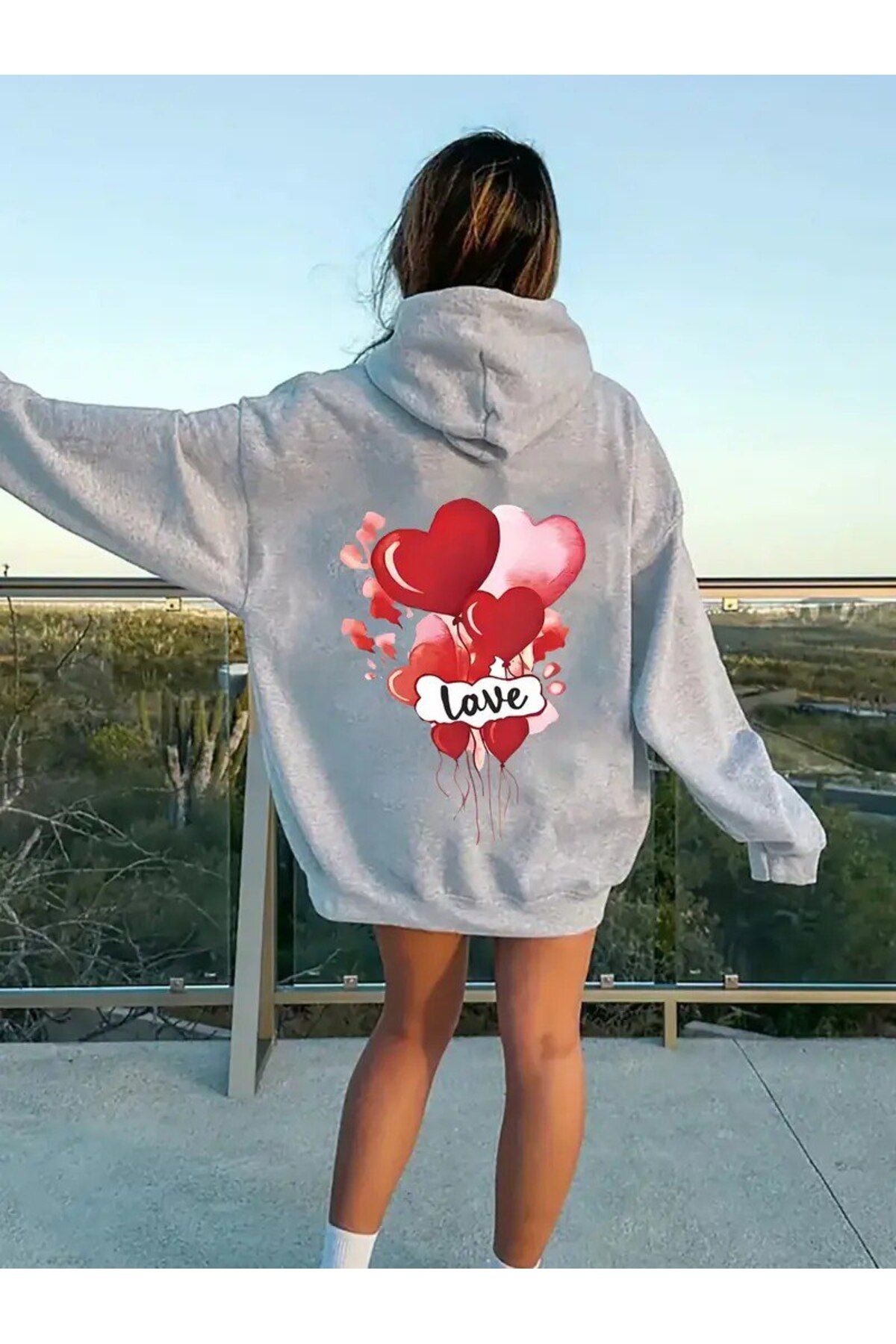 LAND MODA Kırmızı kalp Baskılı Kapüşonlu Sweatshirt Hoodie Oversize