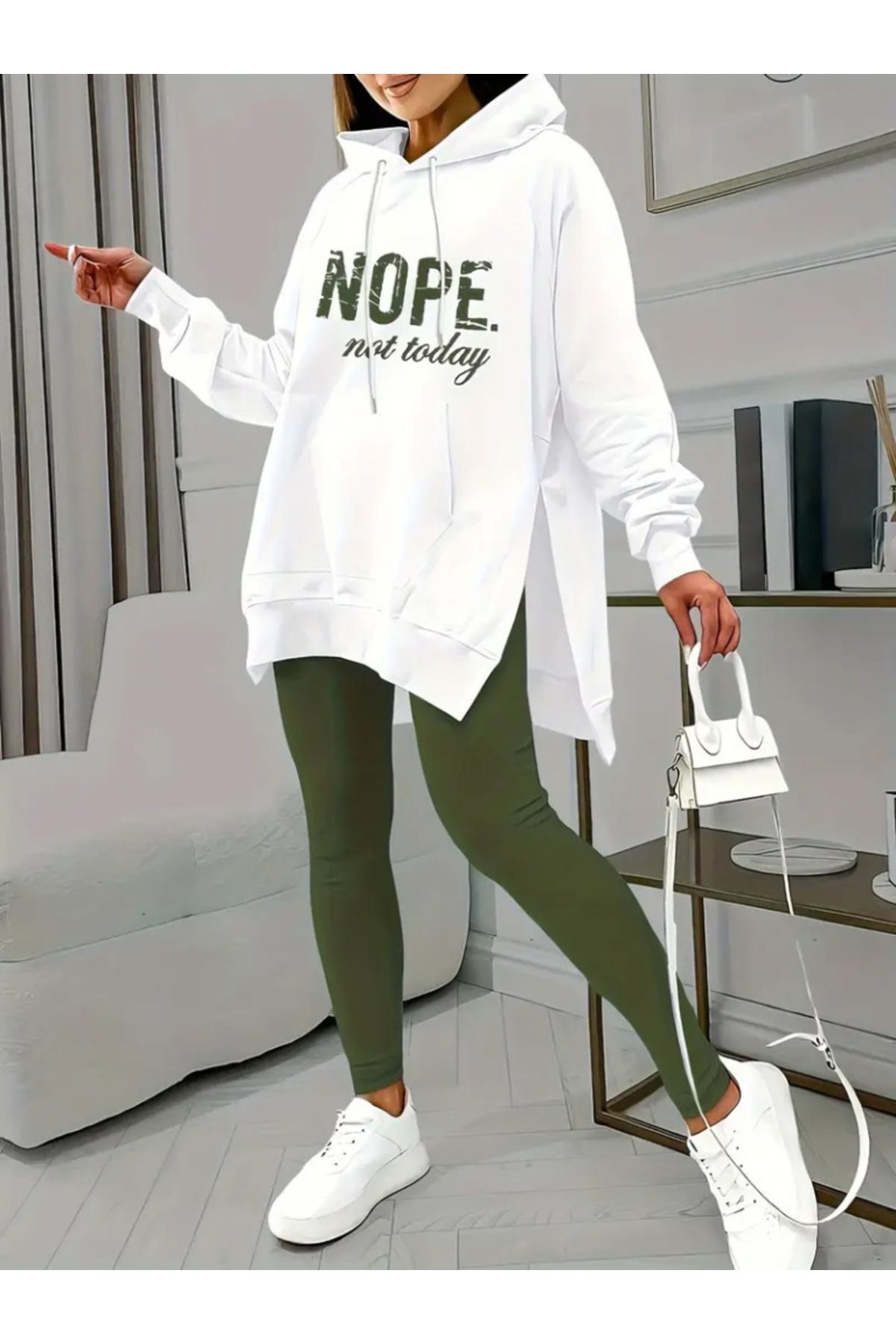 Ayena Moda Kadın Uzun Kollu Kapşonlu Bağcıklı Viskon Iki Iplik  T-Shirt