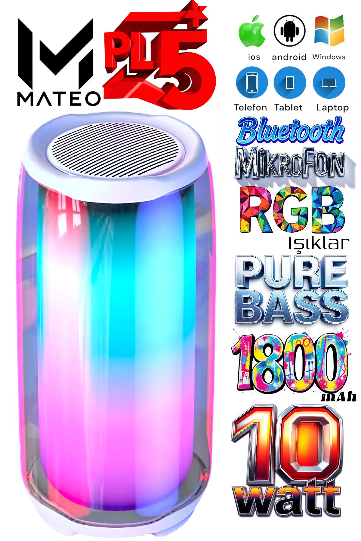 MATEO Işıklı Bluetooth Hoparlör 10W Güçlü Bass, Mikrofonlu, 1800mAh Şarjlı, Kablosuz Müzik Keyfi