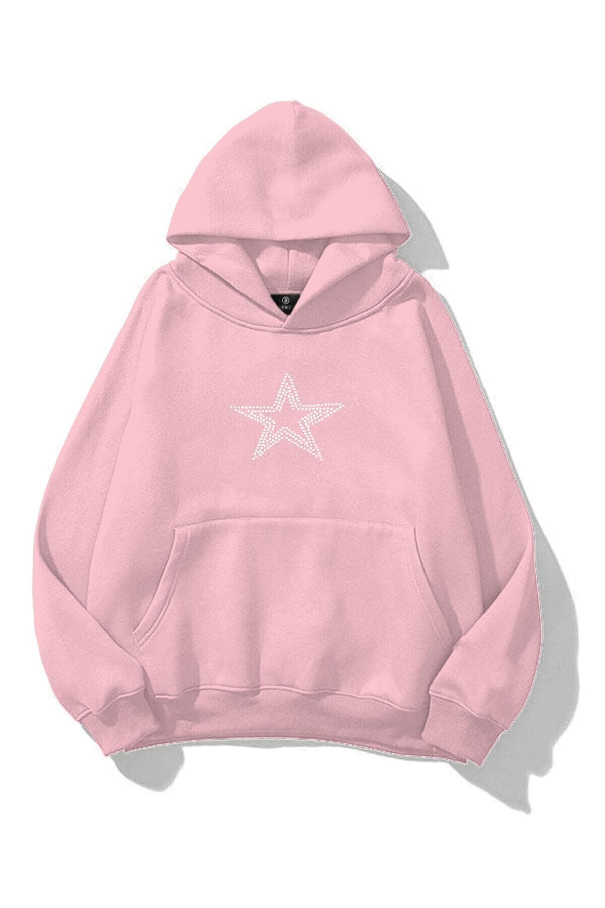 ACTIVE MODA Unisex Star Stroke Taş Baskılı Sweatshirt Pembe