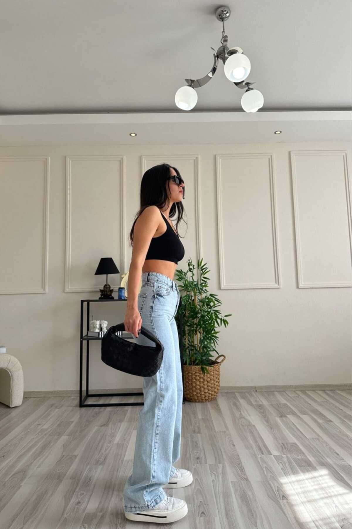 geenz manifacture Palazzo Jeans 90's Kar Mavi Likralı Süper Yüksek Bel Wide Leg Salaş Jeans Palazzo Pantolon