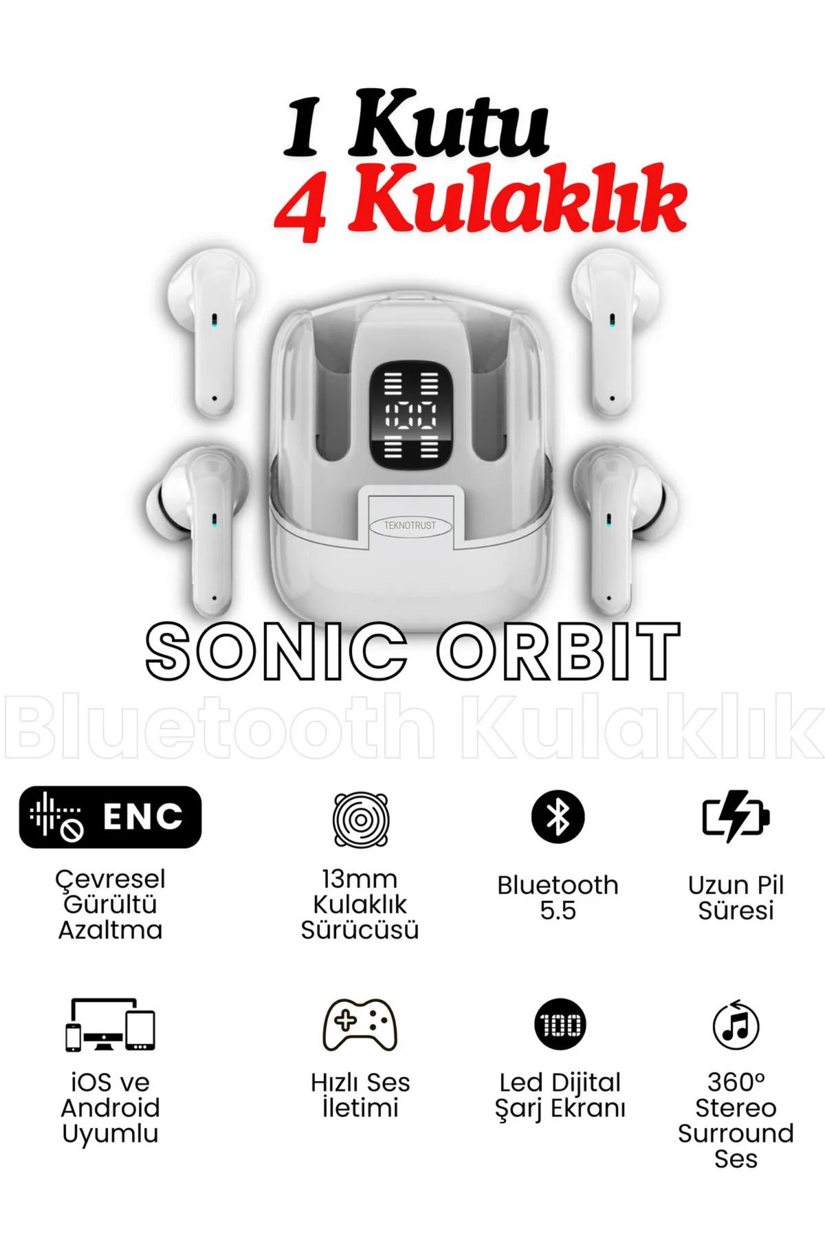 teknotrust Orbit Bluetooth Kulaklık 2 Çift (4 Adet) | Şık Tasarım, Üstün Ses Kalitesi Oyuncu Kulaklığı Hediyeli