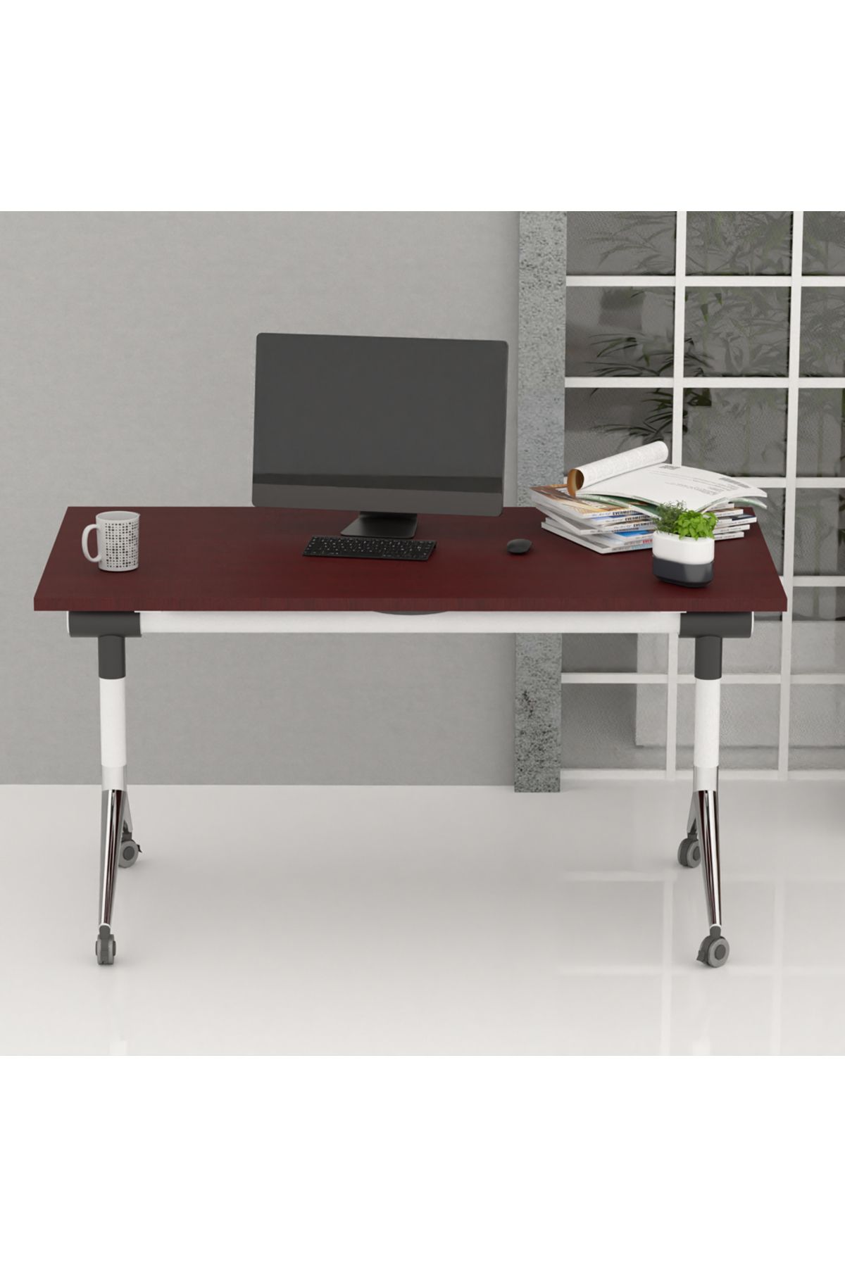 Mahmayi-ZF-08A Multipurpose Foldable Training/Computer Table, Adjustable Standing Desk-White (Apple cherry) 5