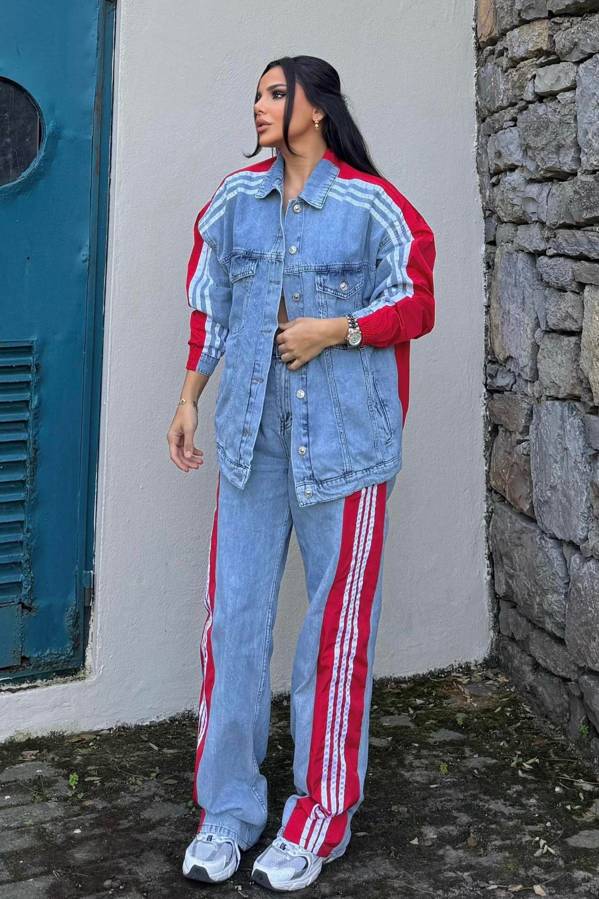 rşnmoda Kadın Kot Garnili Yanı Şeritli Palazzo Alt üst Takım